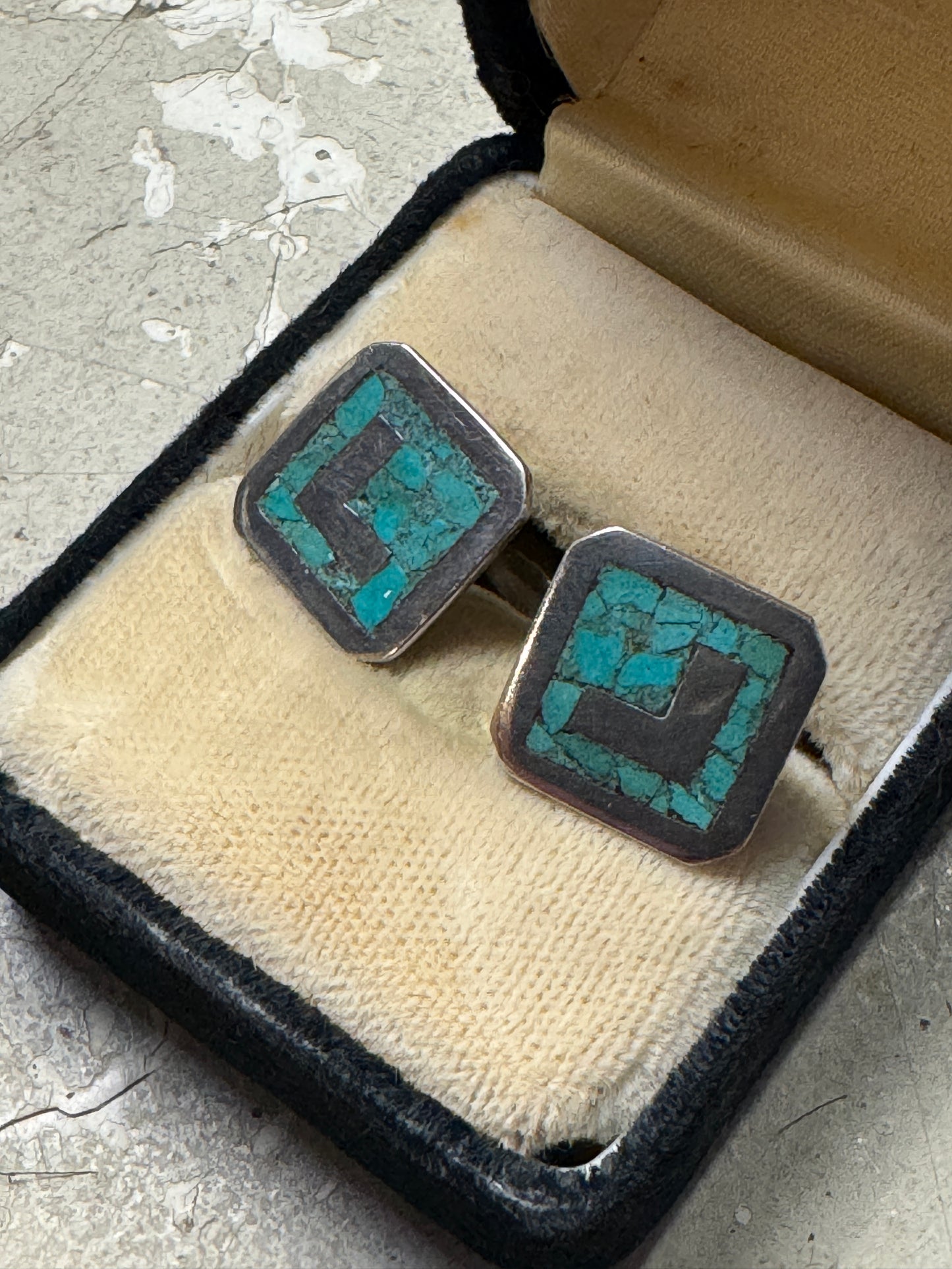 Vintage Taxco Sterling Silver & Turquoise Inlay Cufflinks – Mexico 925