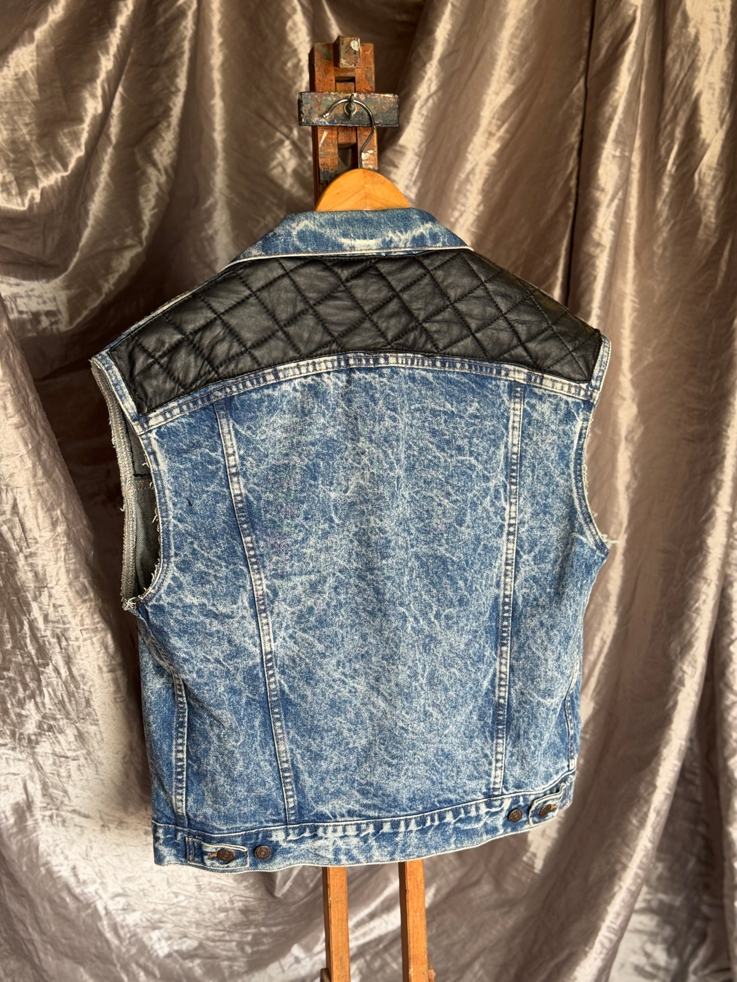 Vintage Levi’s Acid Wash Denim Vest w/ Quilted Faux Leather Shoulders – Made in USA