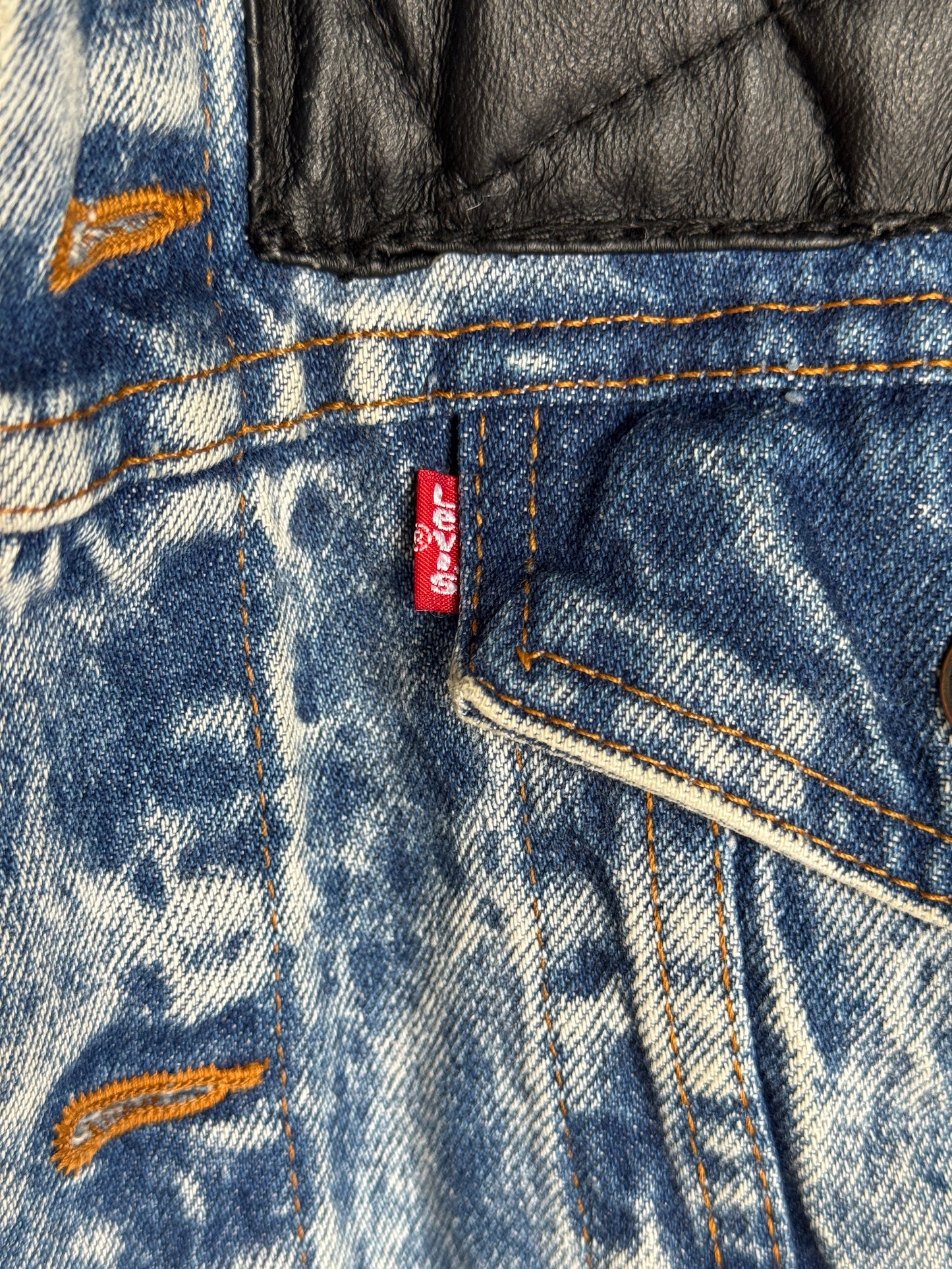 Vintage Levi’s Acid Wash Denim Vest w/ Quilted Faux Leather Shoulders – Made in USA
