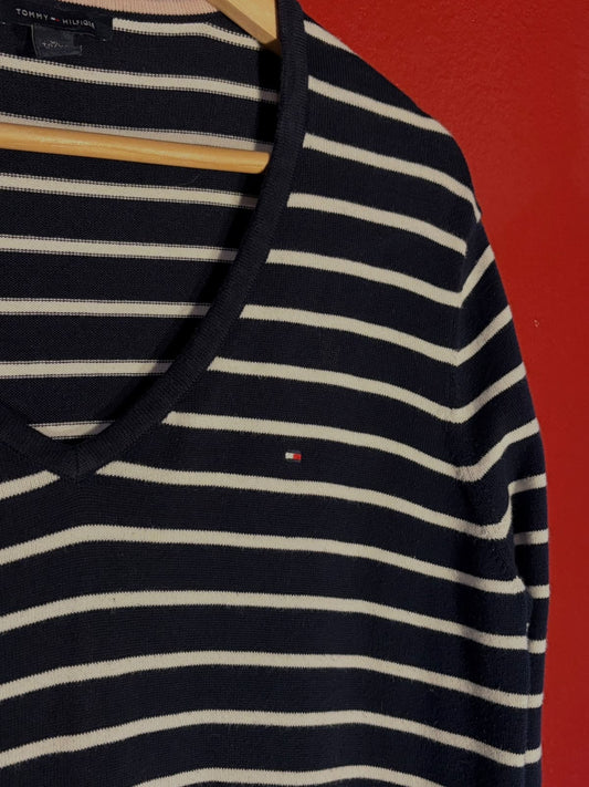 Tommy Hilfiger Navy & White Striped V-Neck Knit Sweater - Size XL