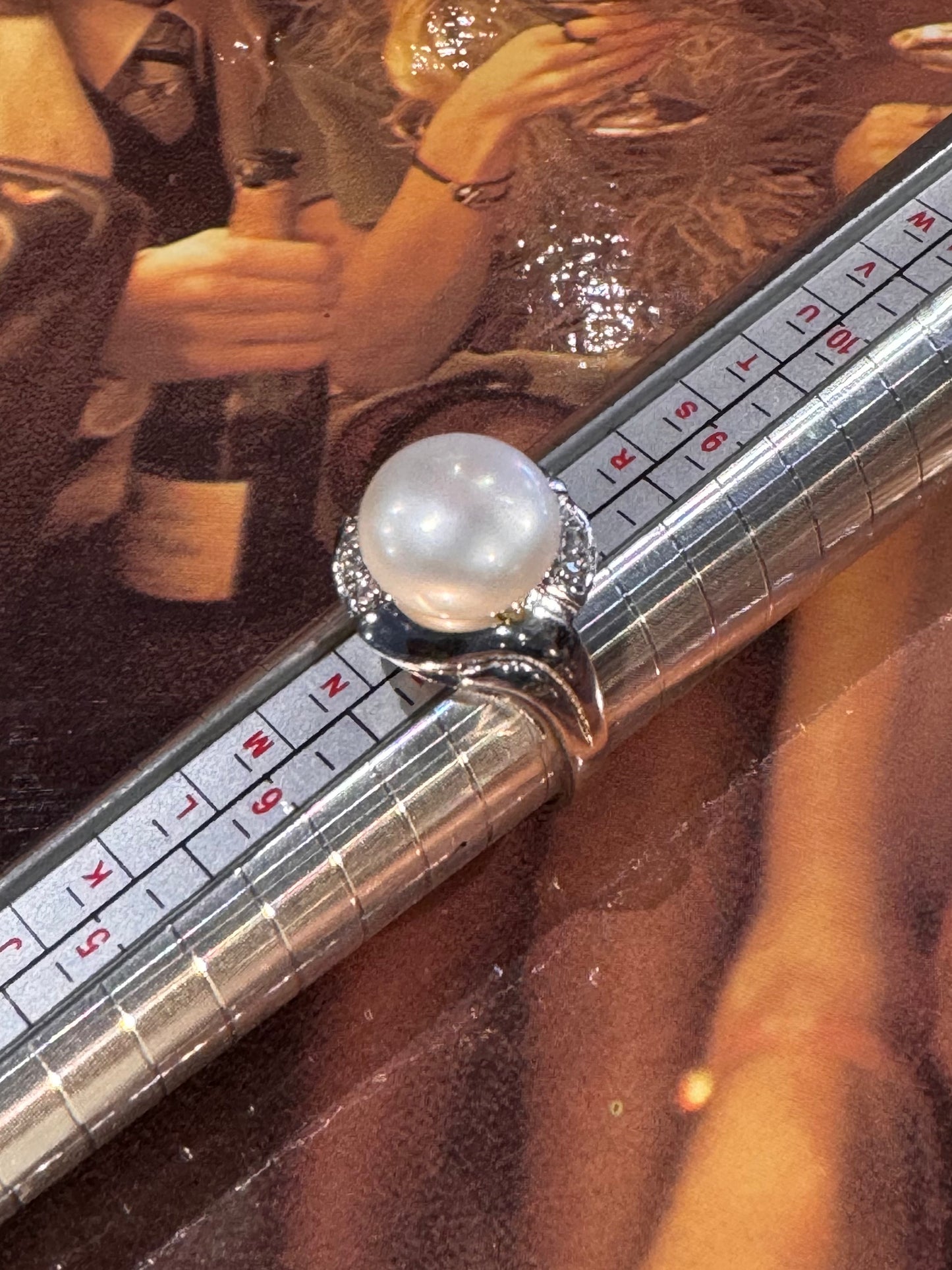 Vintage Sterling Silver Pearl & Clear Cubic Zirconia Ring (Size: 7.5 / P Adjustable)
