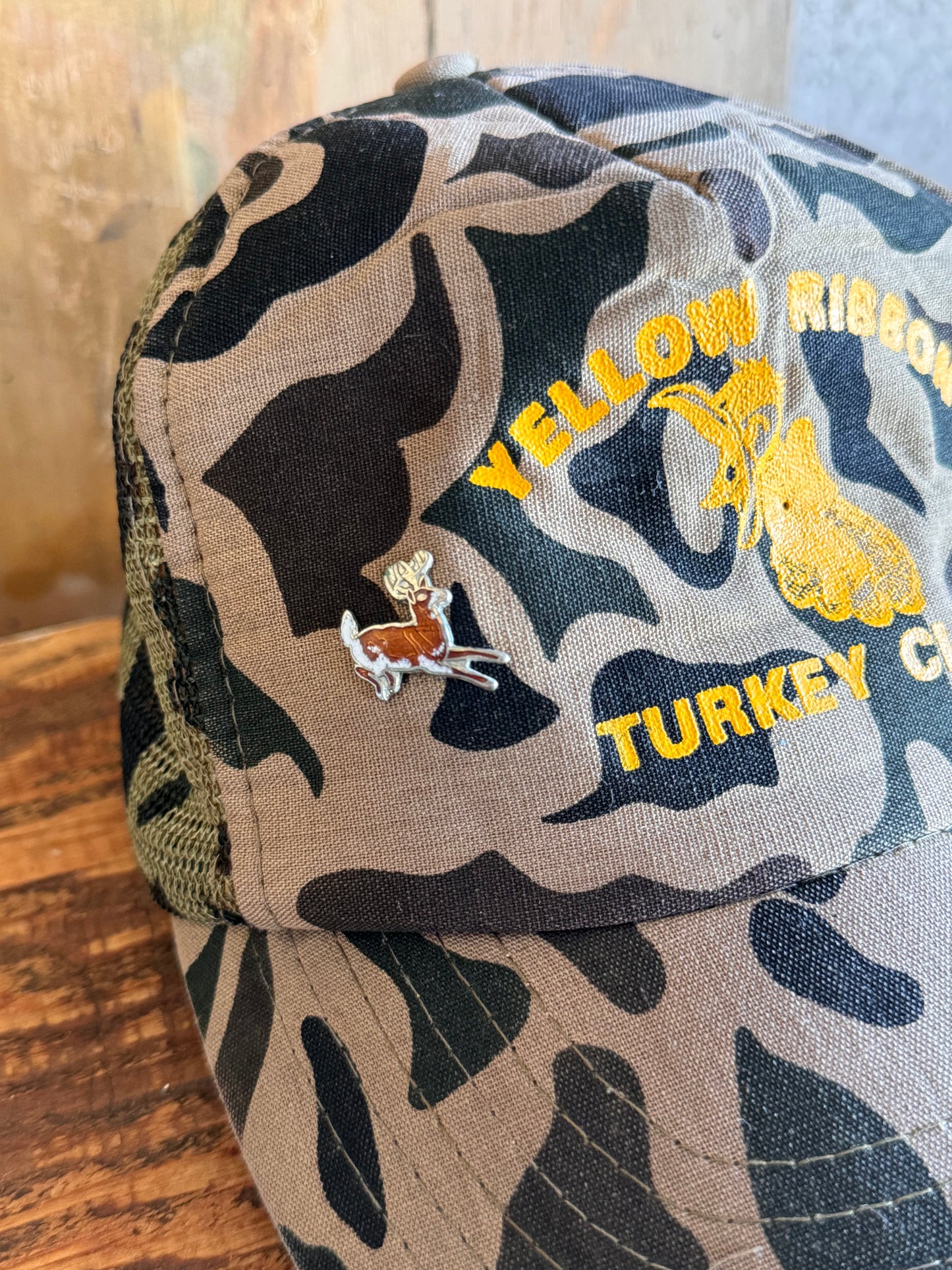 Vintage Camo Trucker Hat with Enamel Pins