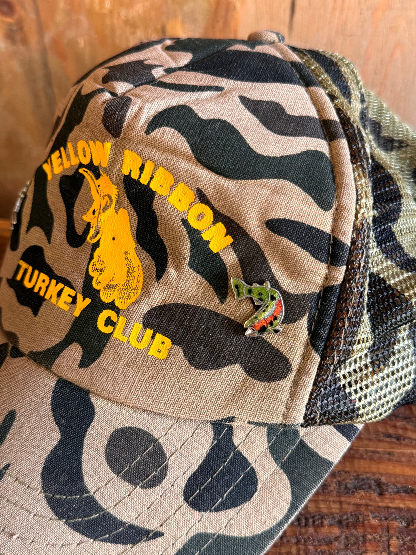 Vintage Camo Trucker Hat with Enamel Pins