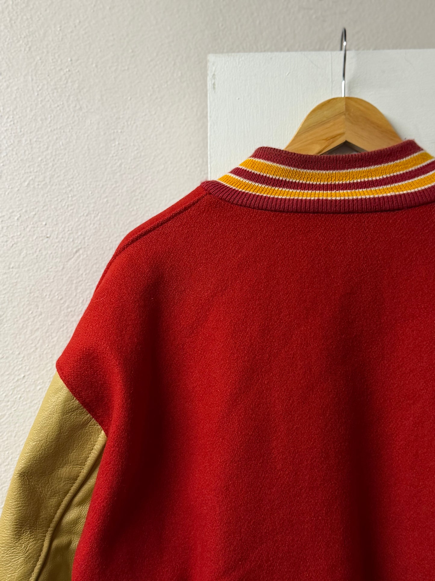 Red & Tan Leather DeLONG Varsity Jacket - Made in USA [L/2XL]