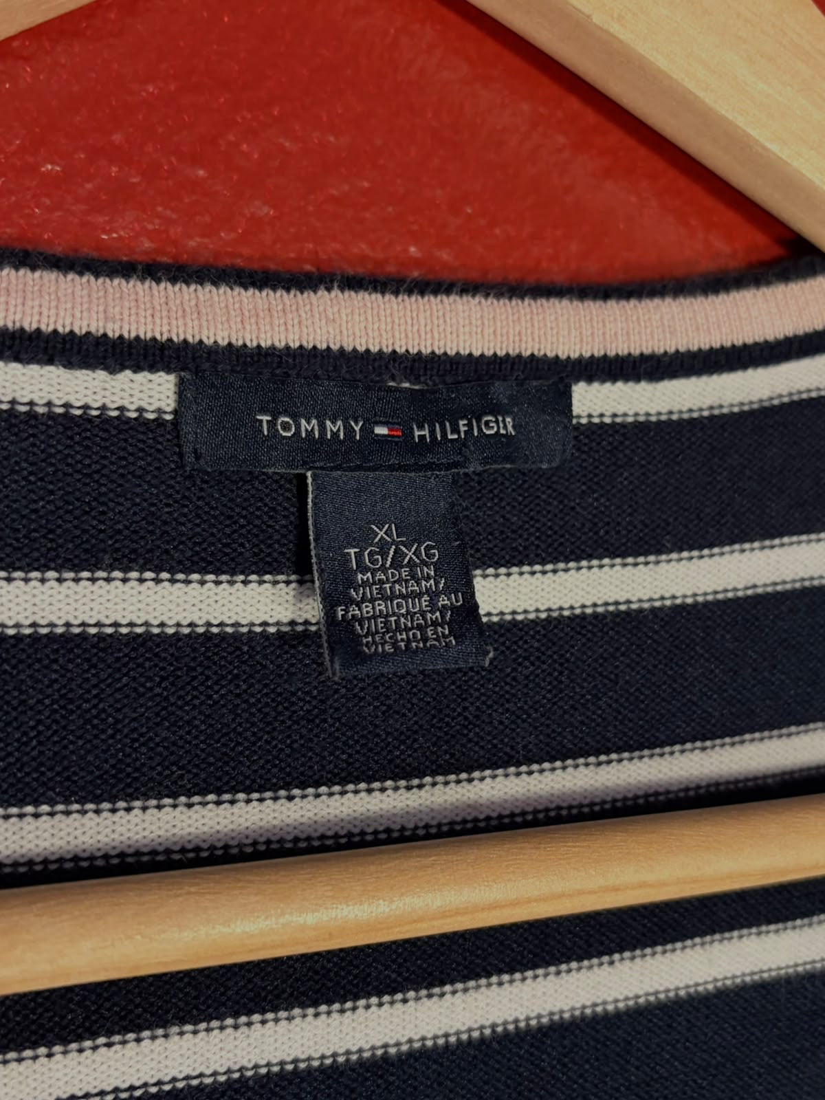 Tommy Hilfiger Navy & White Striped V-Neck Knit Sweater - Size XL