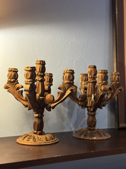 Antique 5-Arm Carved Timber Candle Stands