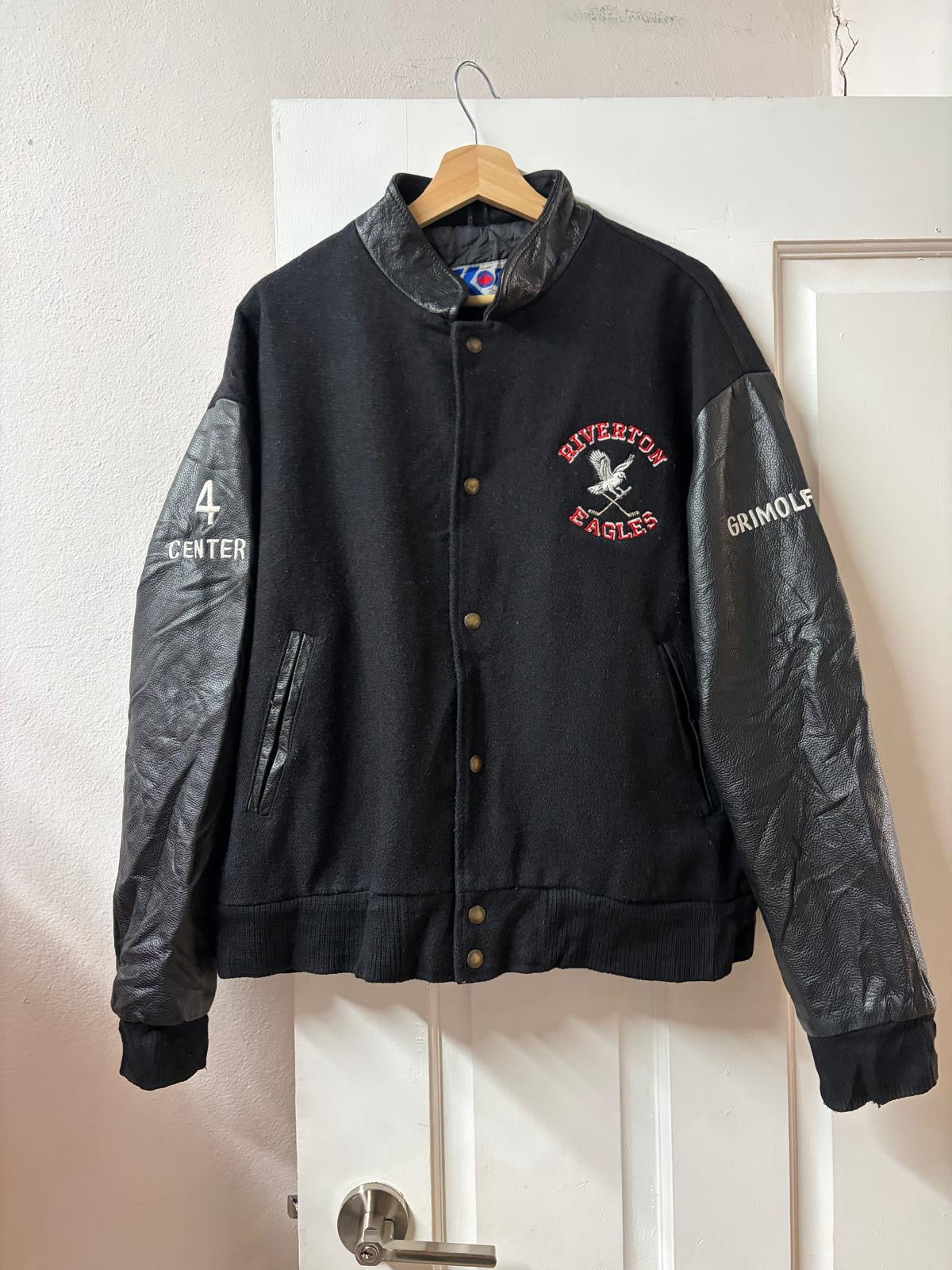 Vintage KOBE Riverton Eagles 2000 Leather Sleeve Varsity Jacket - Made in Canada [L]
