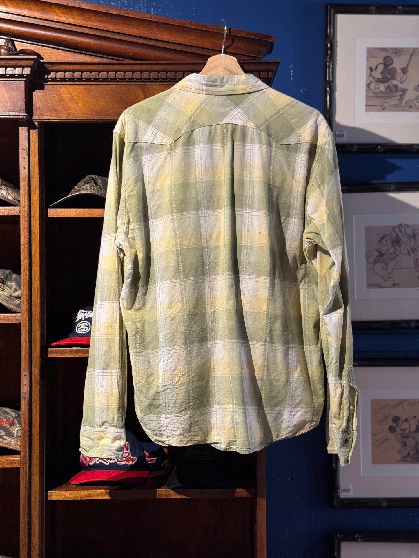 Lucky Brand Western Snap Shirt – Green Fade Plaid (L)