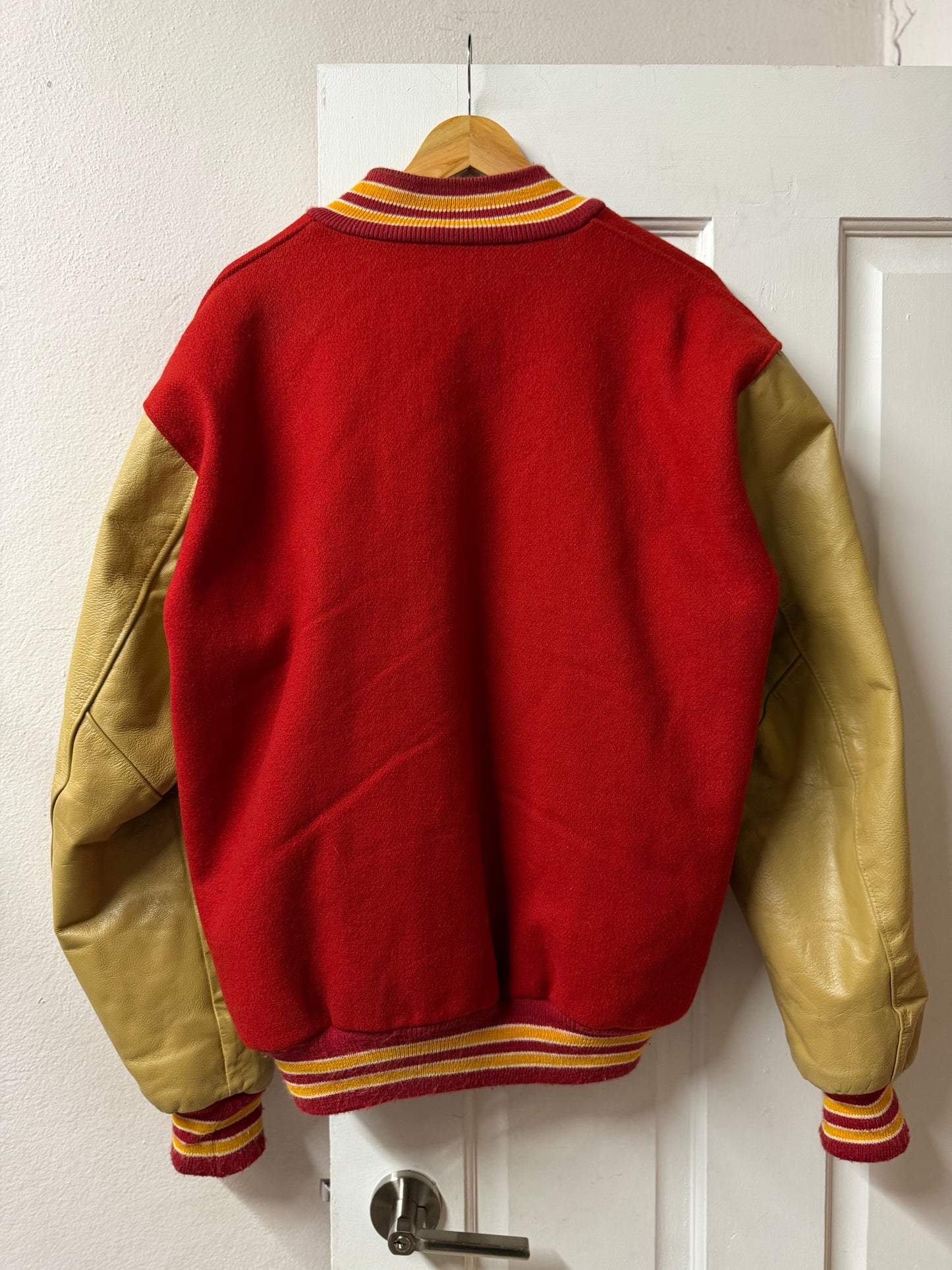 Red & Tan Leather DeLONG Varsity Jacket - Made in USA [L/2XL]