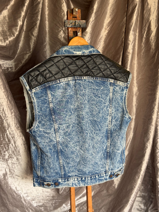 Vintage Levi’s Acid Wash Denim Vest w/ Quilted Faux Leather Shoulders – Made in USA