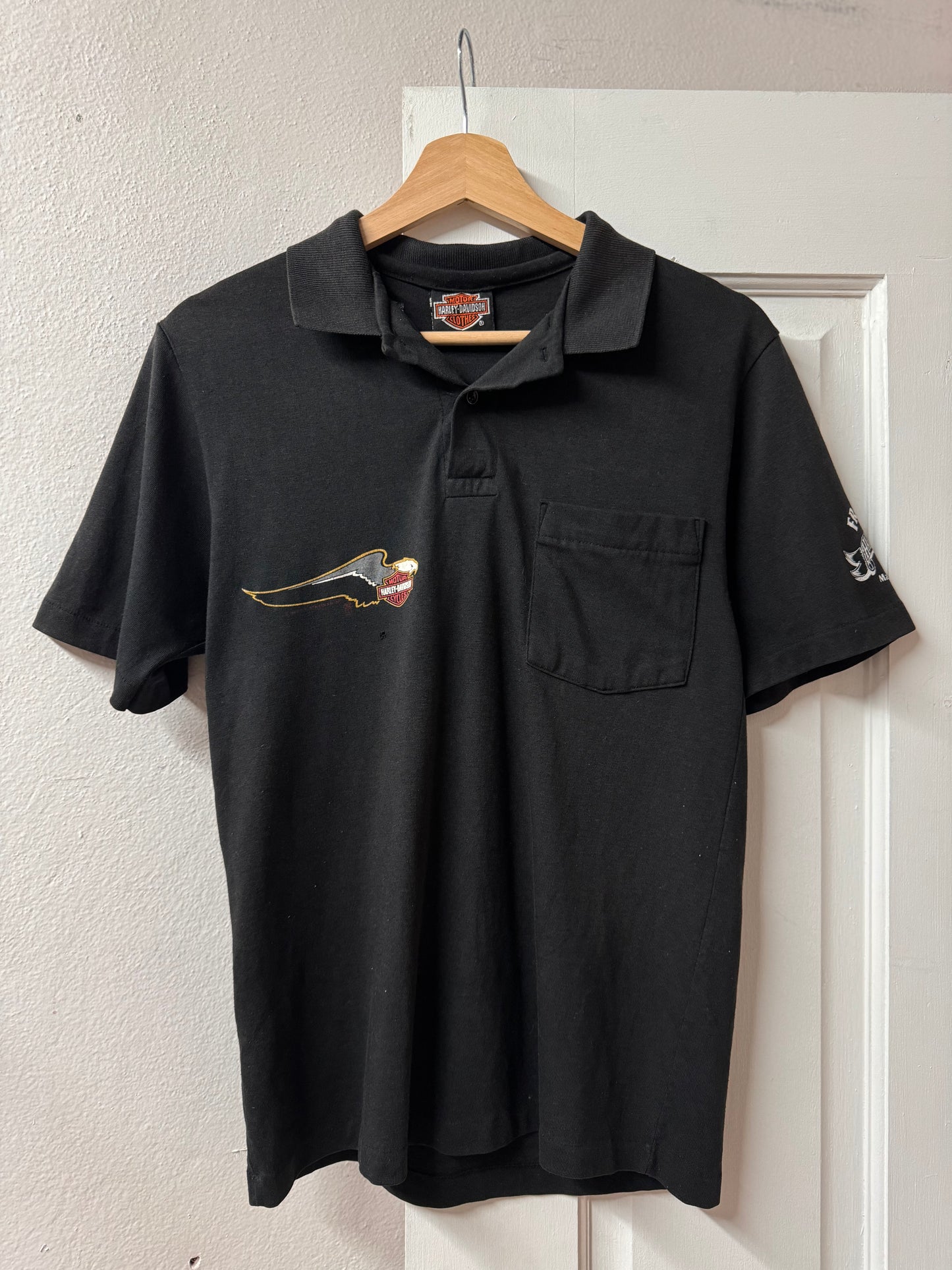 Late 80s Single Stitch Harley Davidson Black Graphic Polo Tee [S/M]