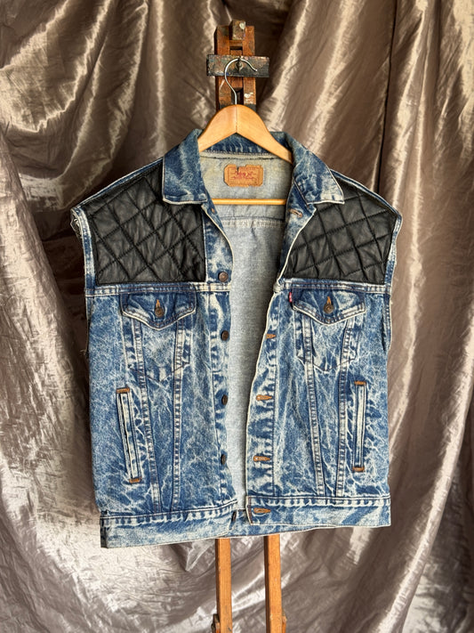 Vintage Levi’s Acid Wash Denim Vest w/ Quilted Faux Leather Shoulders – Made in USA