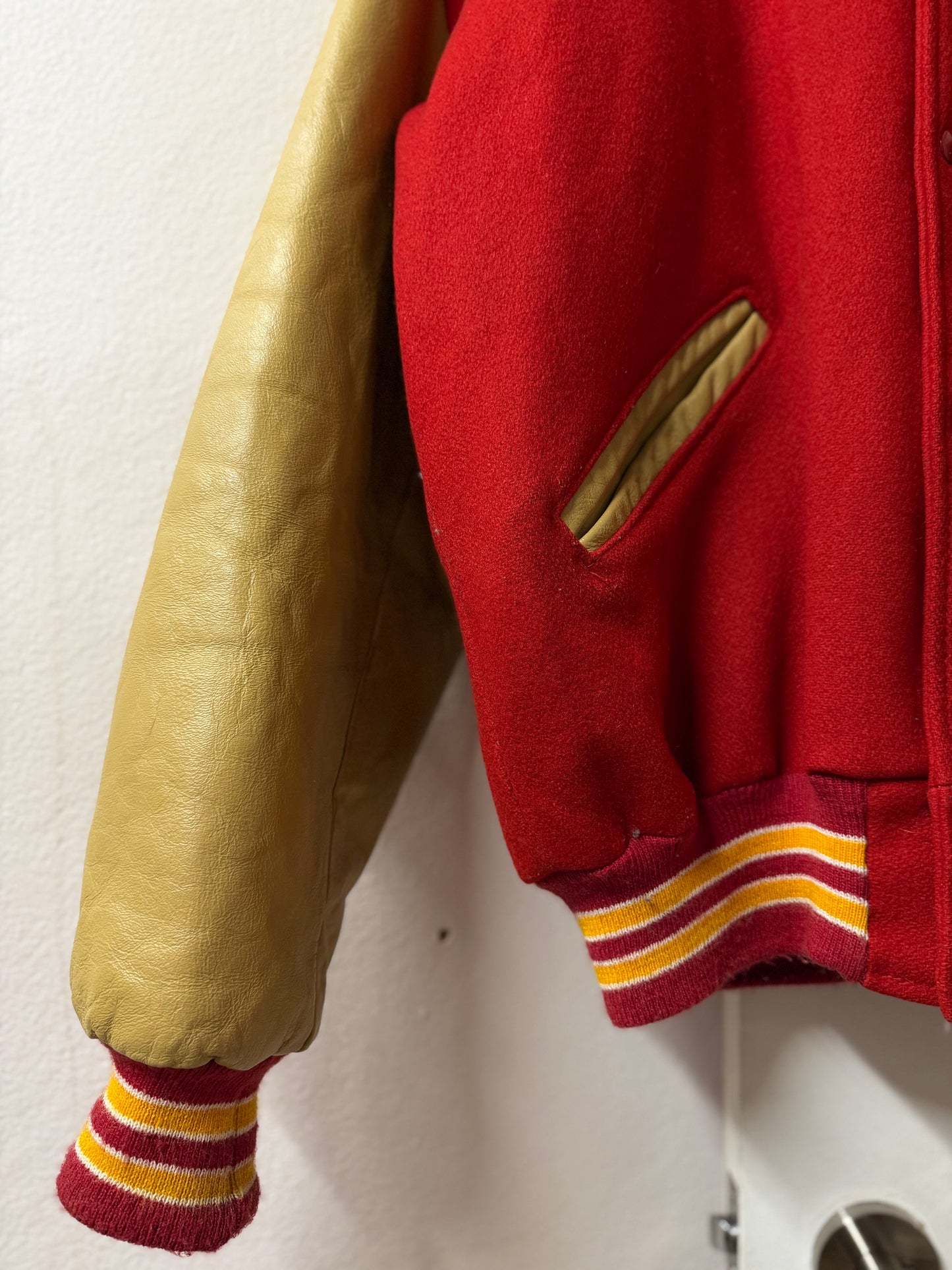 Red & Tan Leather DeLONG Varsity Jacket - Made in USA [L/2XL]