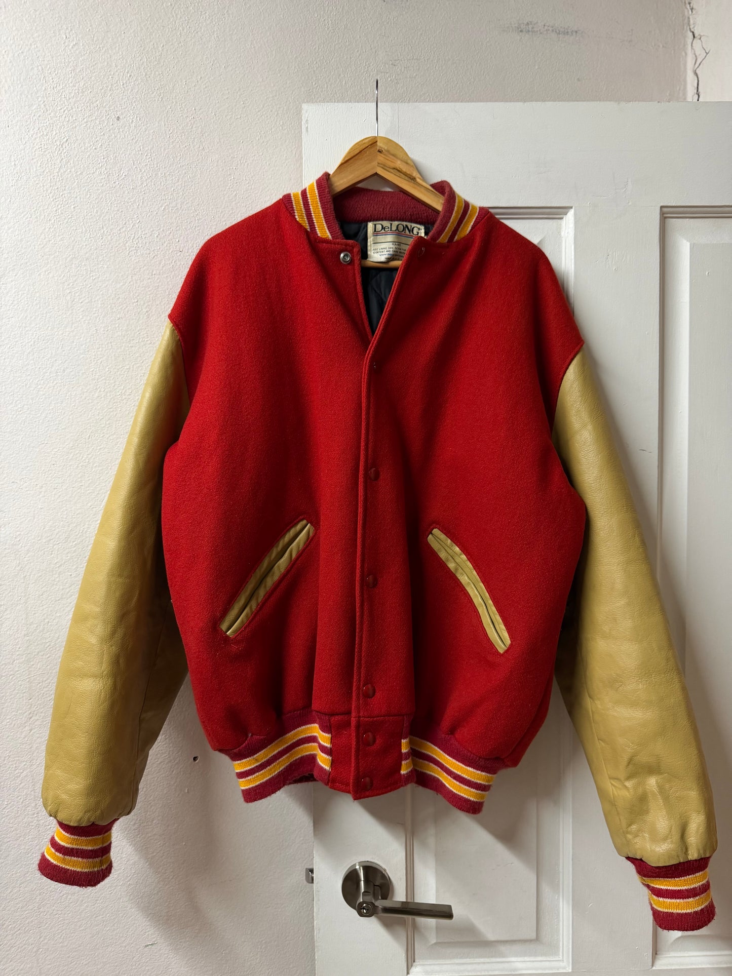 Red & Tan Leather DeLONG Varsity Jacket - Made in USA [L/2XL]