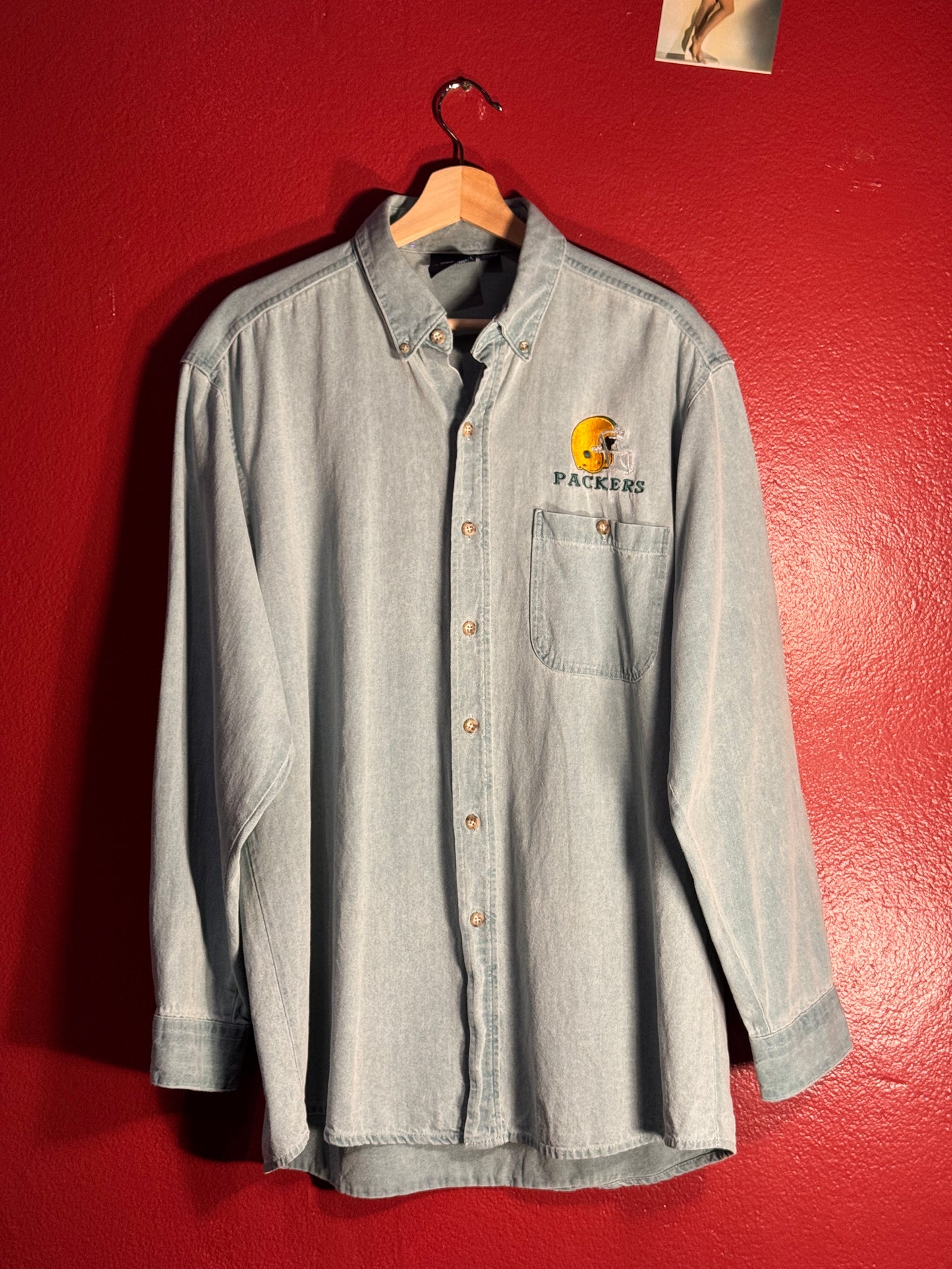 Vintage Green Bay Packers Denim Button Up Shirt - L (AU L/XL)