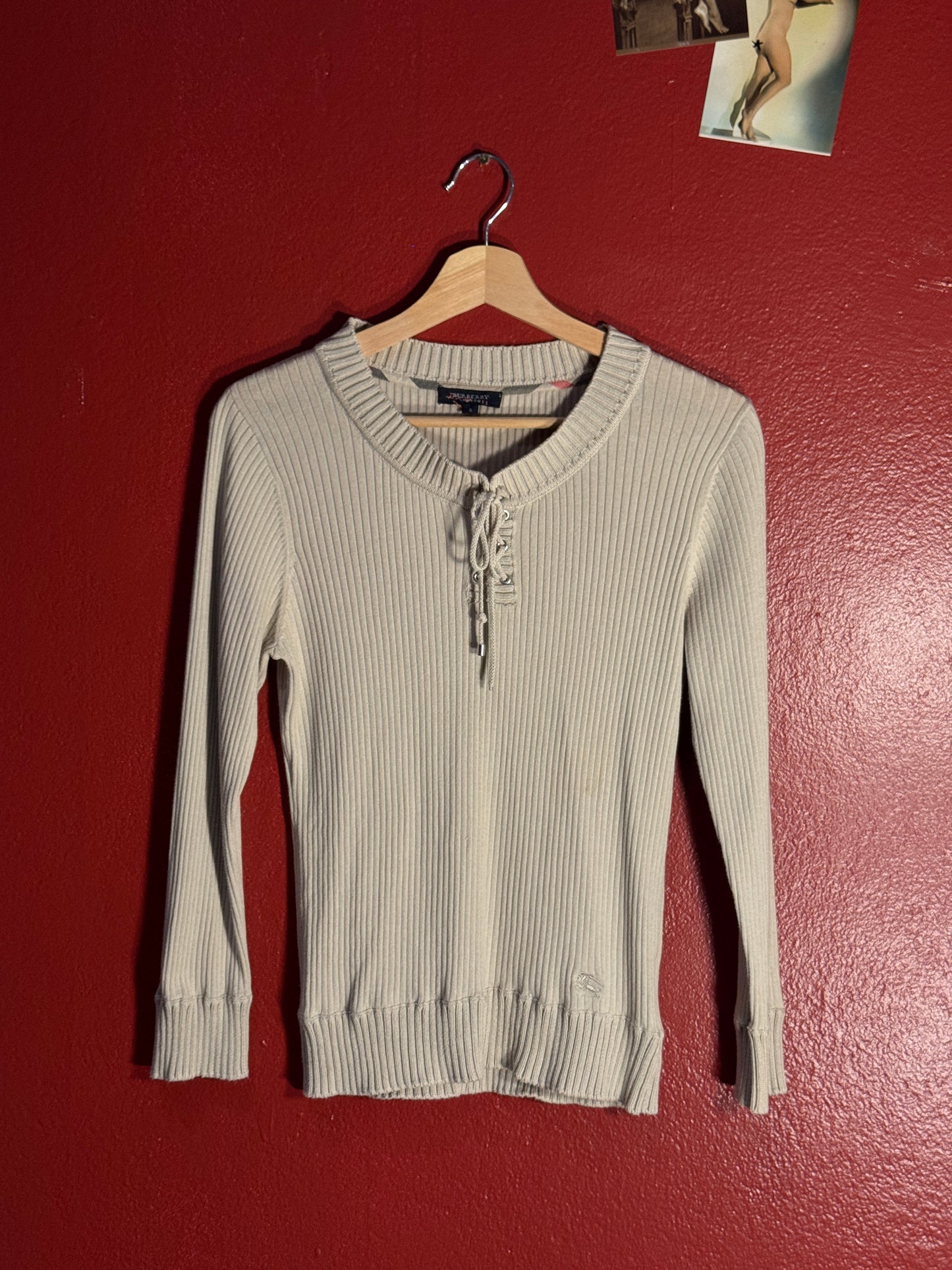 Vintage Burberry Rib Knit Lace-Up Sweater - Size 2 (AU 8)