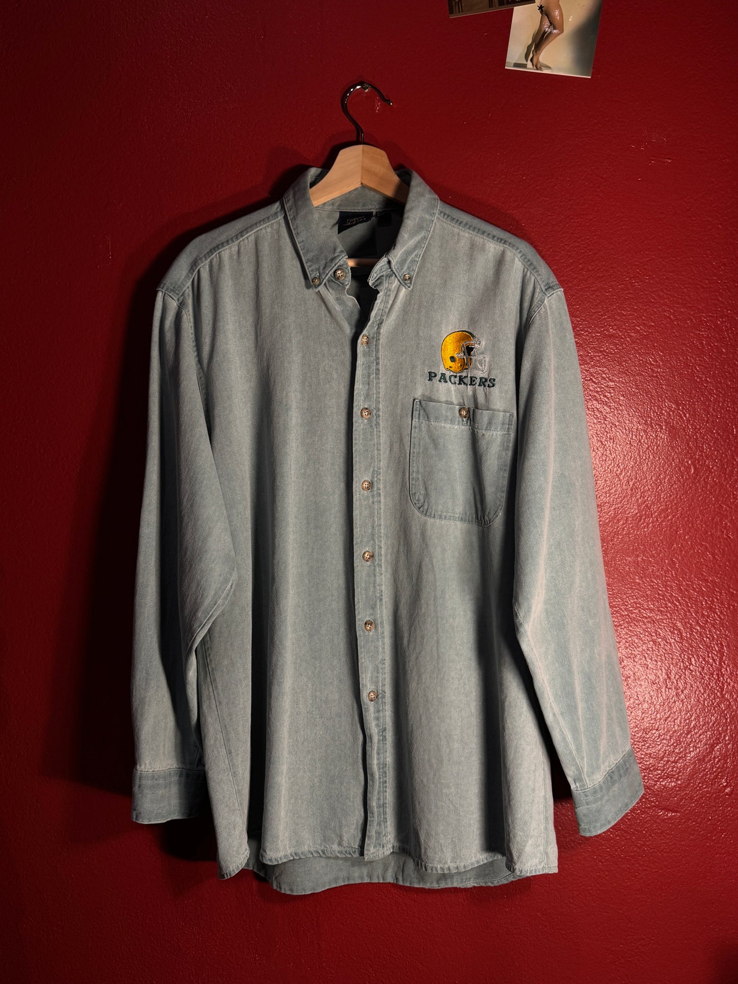 Vintage Green Bay Packers Denim Button Up Shirt - L (AU L/XL)