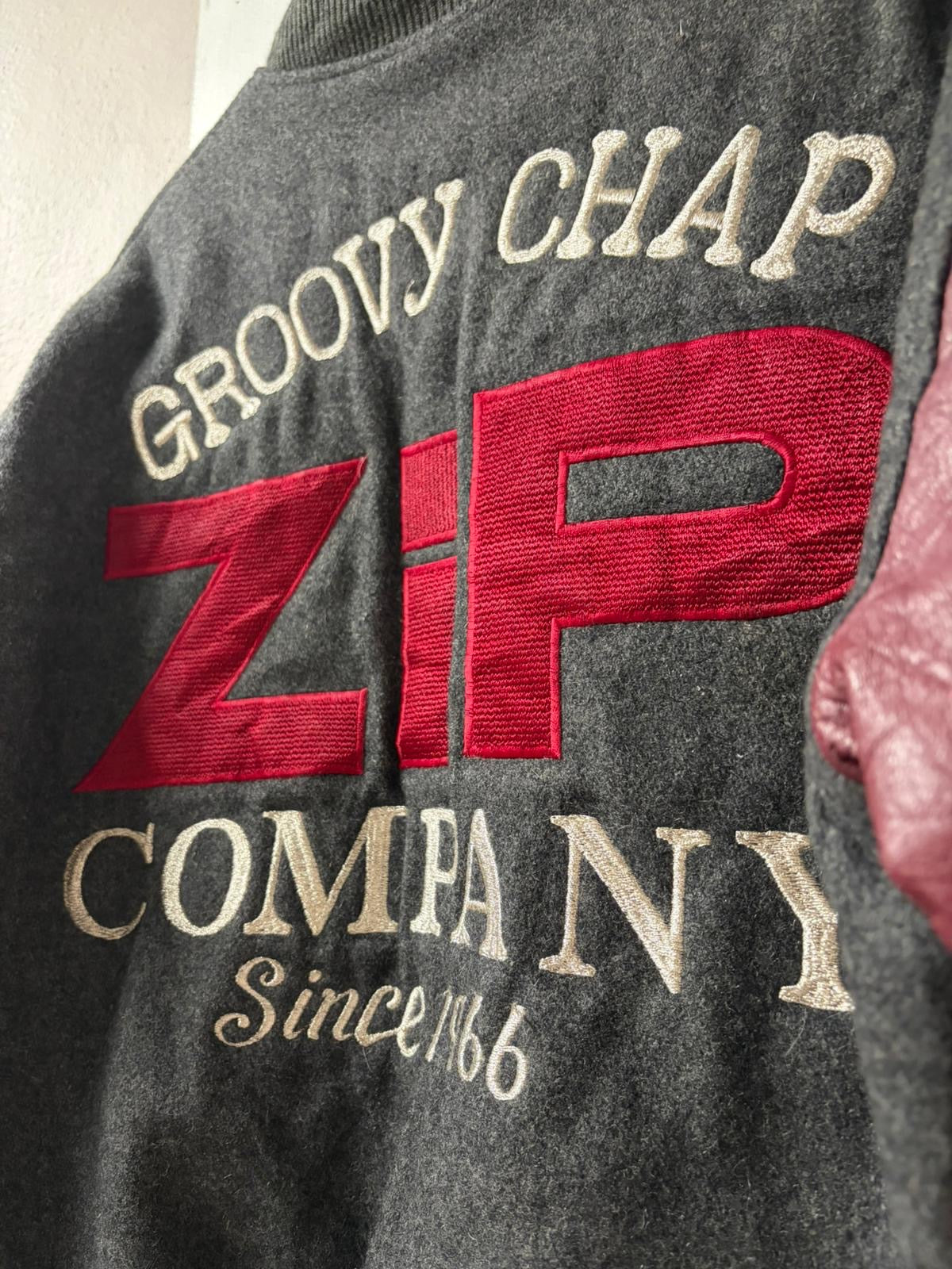 Vintage “Groovy Chap Zip Company” Leather Sleeve Varsity Jacket [M]