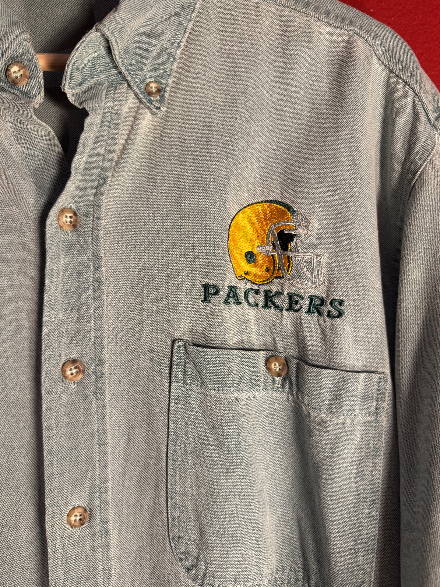 Vintage Green Bay Packers Denim Button Up Shirt - L (AU L/XL)