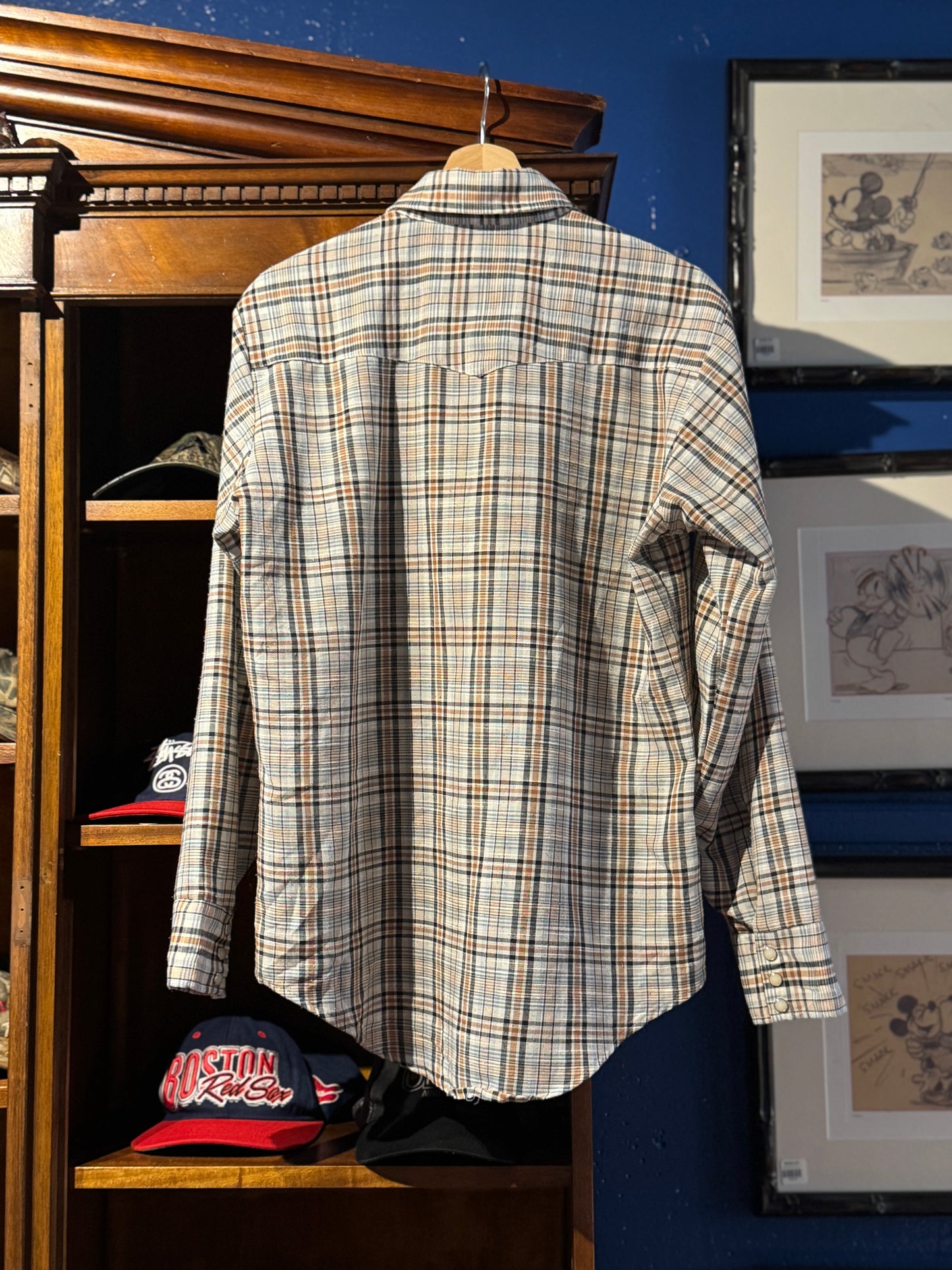 Vintage Western Snap Shirt – Brown / Blue Plaid (M)