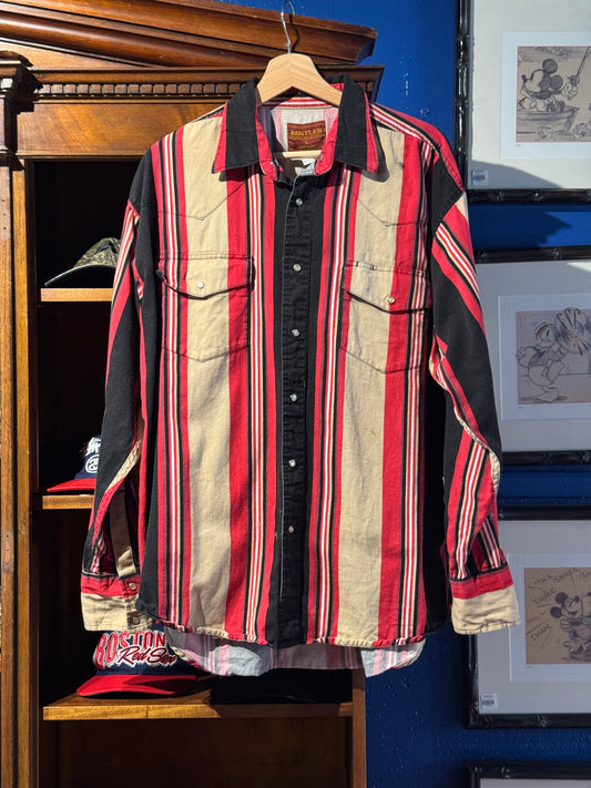 Vintage Rustler Western Snap Shirt – Red/Black Stripe (L)