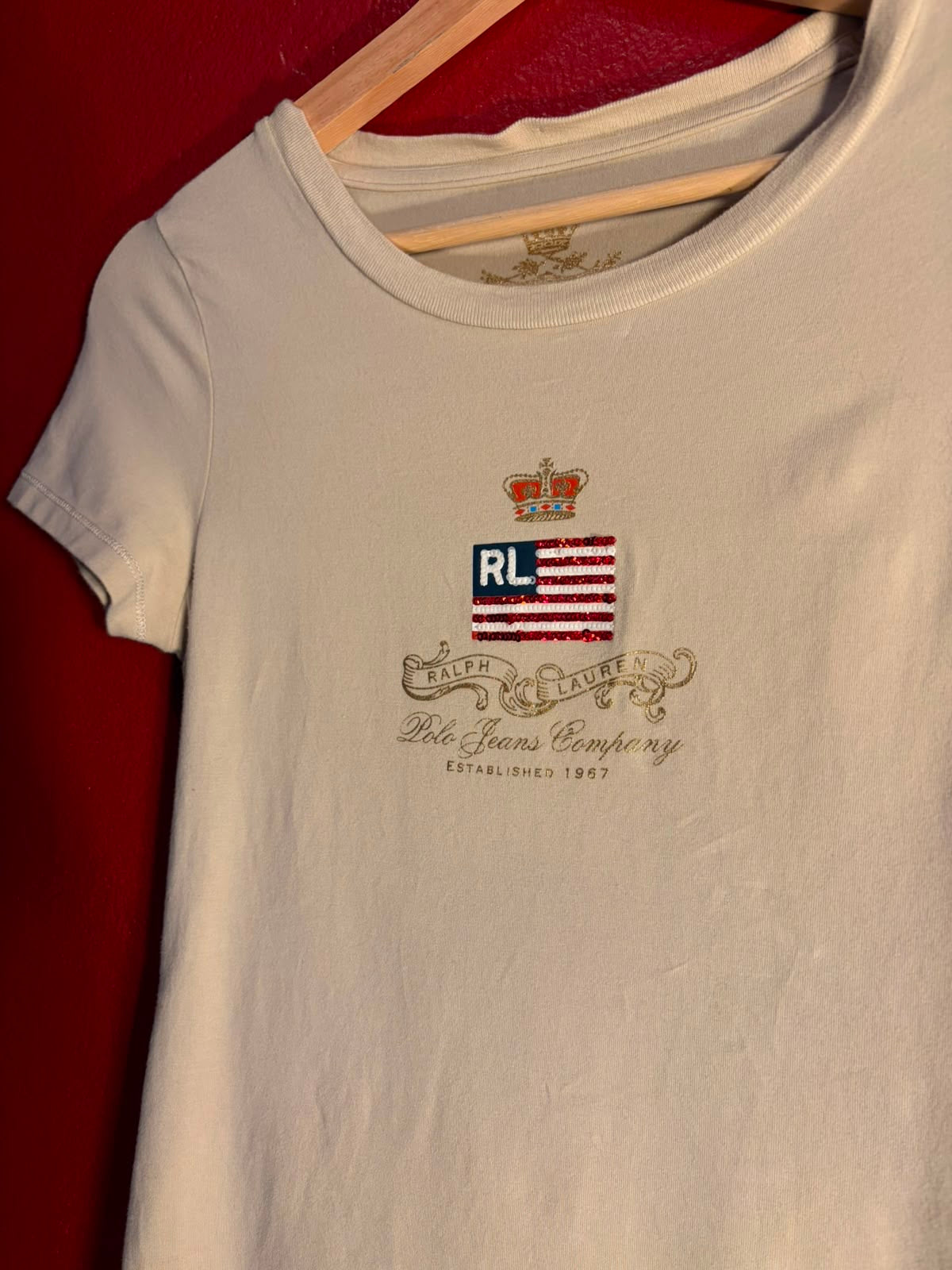 Vintage Ralph Lauren Polo Jeans Sequinned Flag Tee [S]