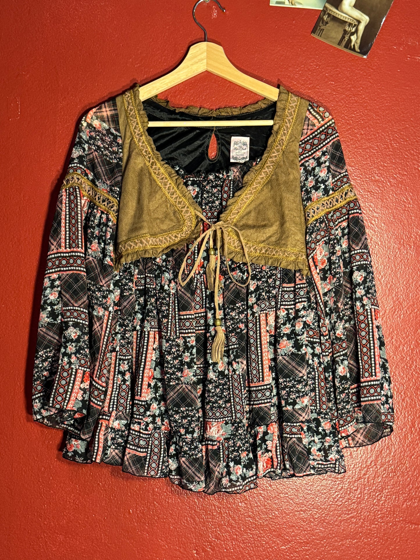 Vintage Y2K Lip & Cheek Patchwork Boho Blouse (L)