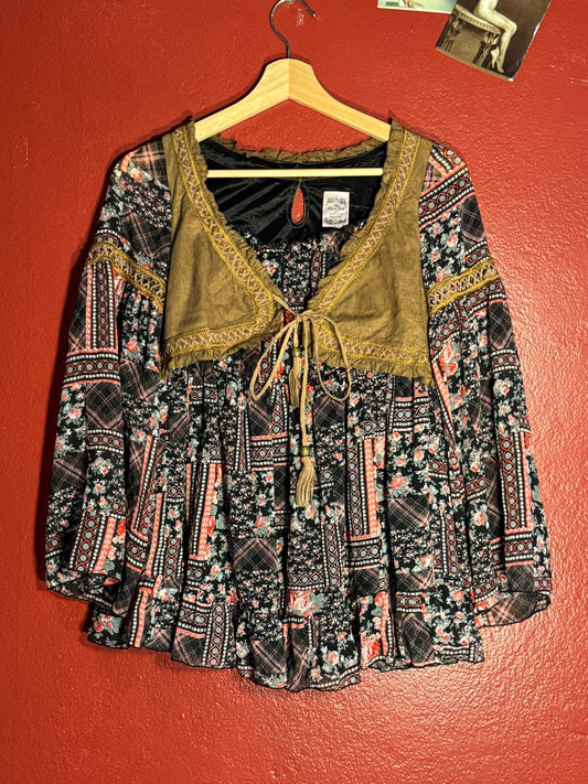 Vintage Y2K Lip & Cheek Patchwork Boho Blouse (L)