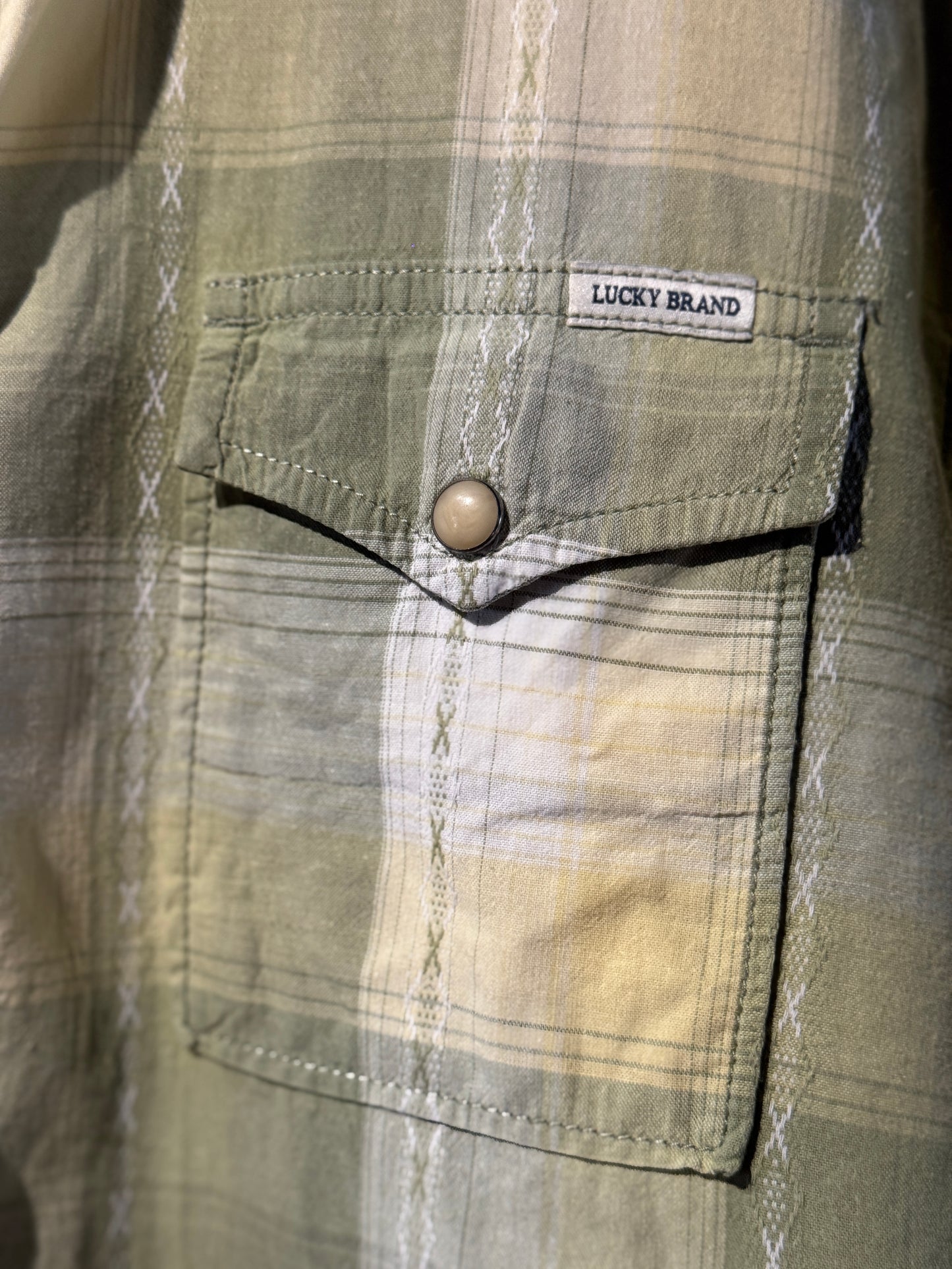 Lucky Brand Western Snap Shirt – Green Fade Plaid (L)