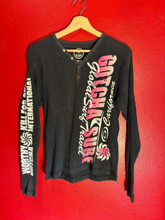 Vintage Gotcha Graphic Ribbed Long Sleeve Henley Top - S (AU 8-10)