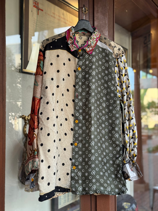Designer Vintage Silk Reworked Button Up [L]