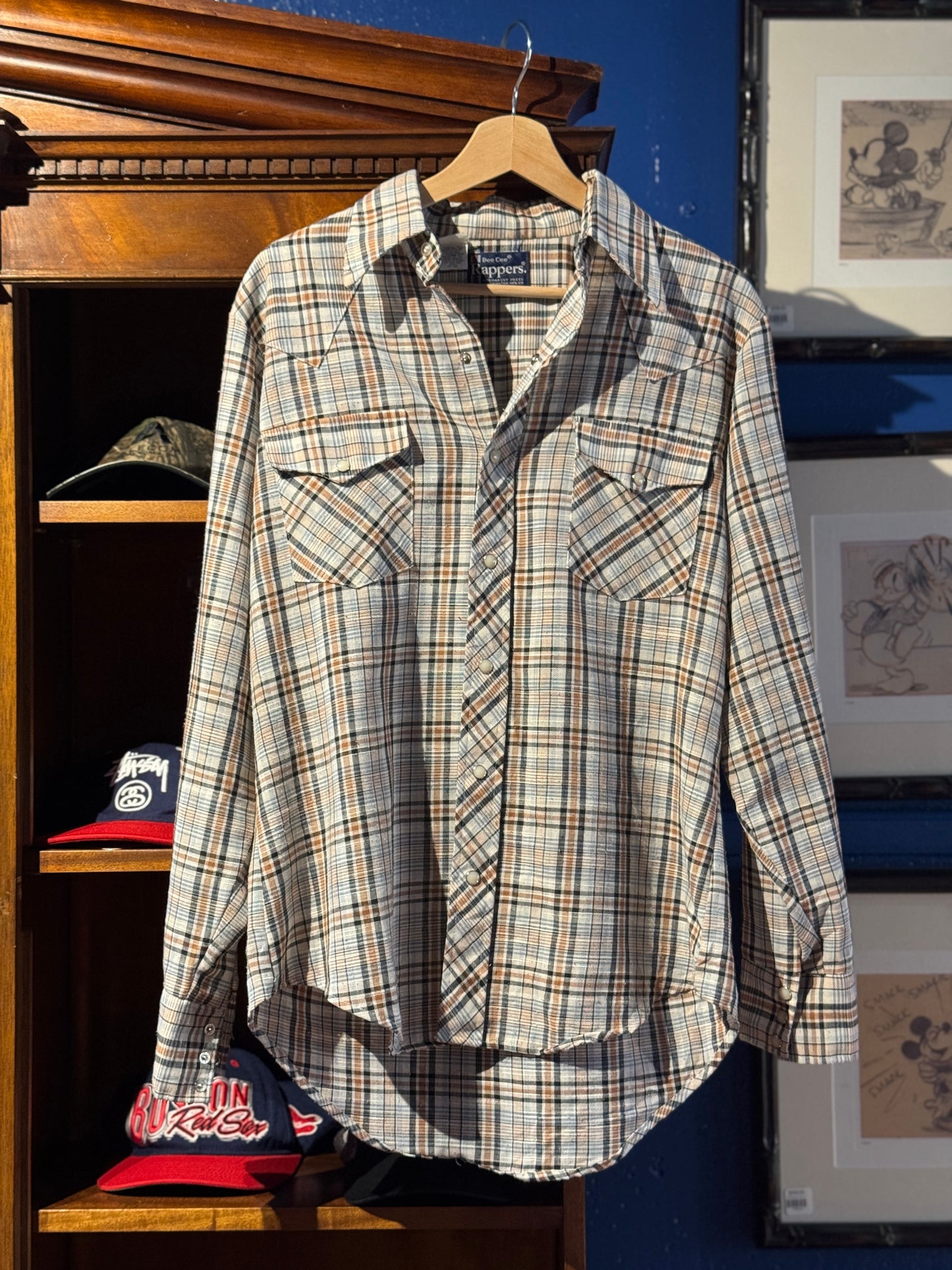 Vintage Western Snap Shirt – Brown / Blue Plaid (M)