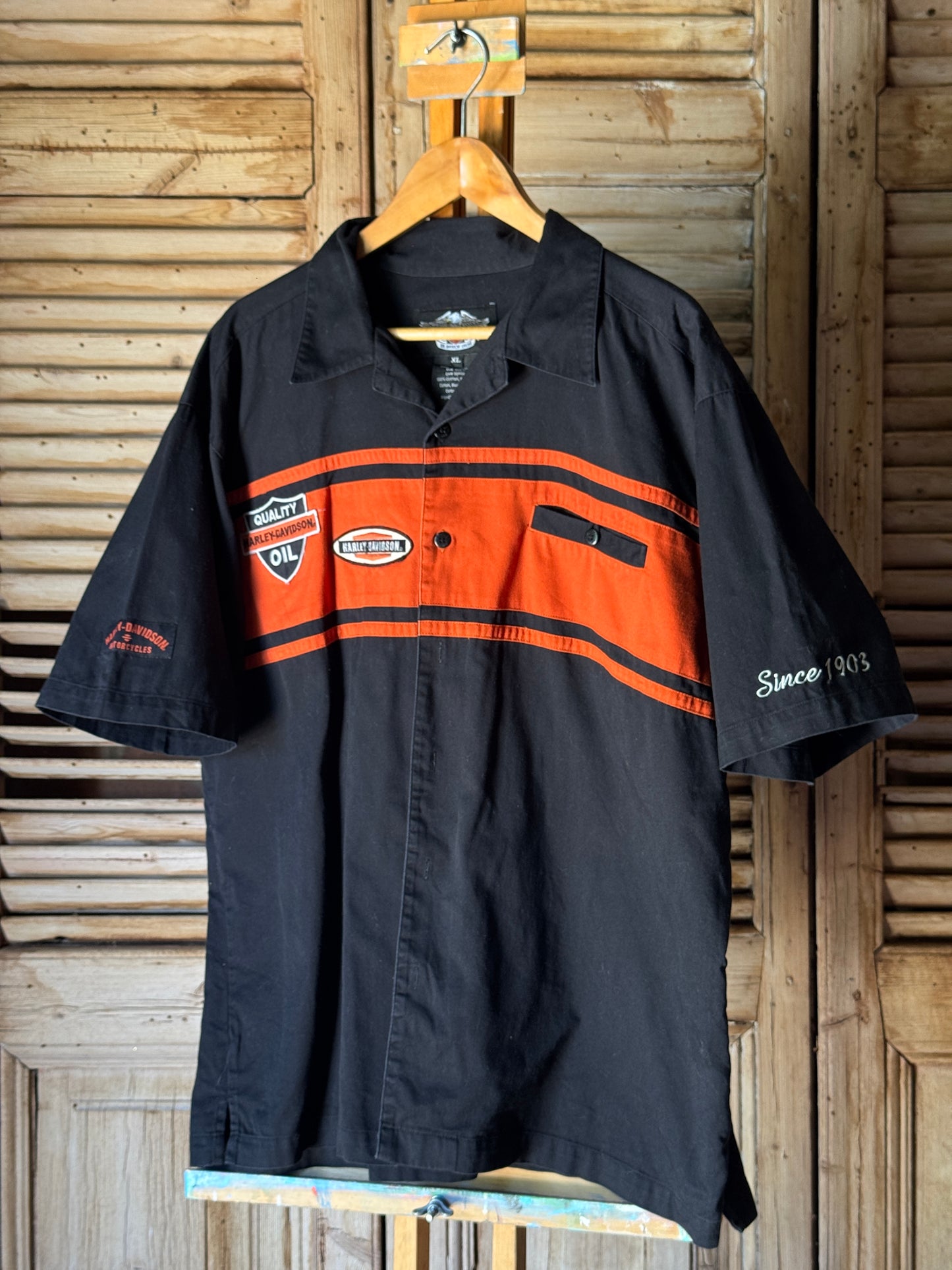 Vintage Harley Davidson Black & Orange Button-Up Shirt — XL