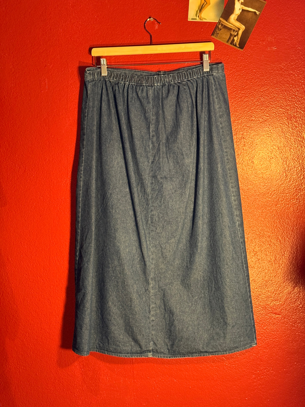 Vintage Mountain Lake Button Front Denim Midi Skirt [M]