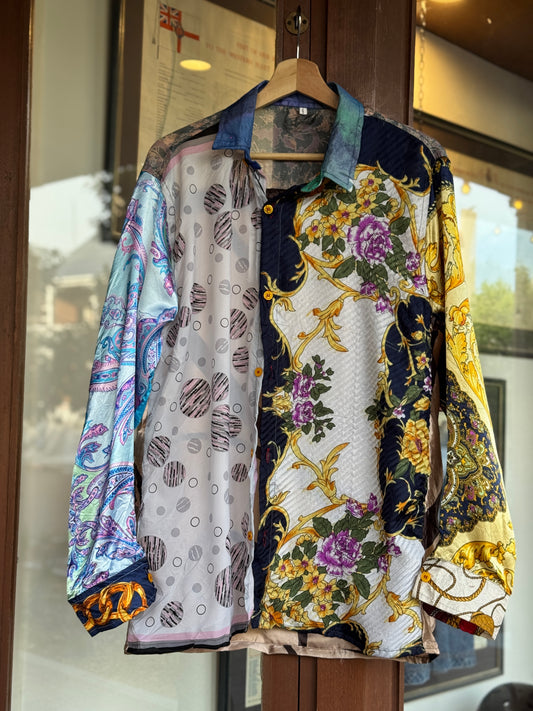 Designer Vintage Silk Reworked Button Up [L]