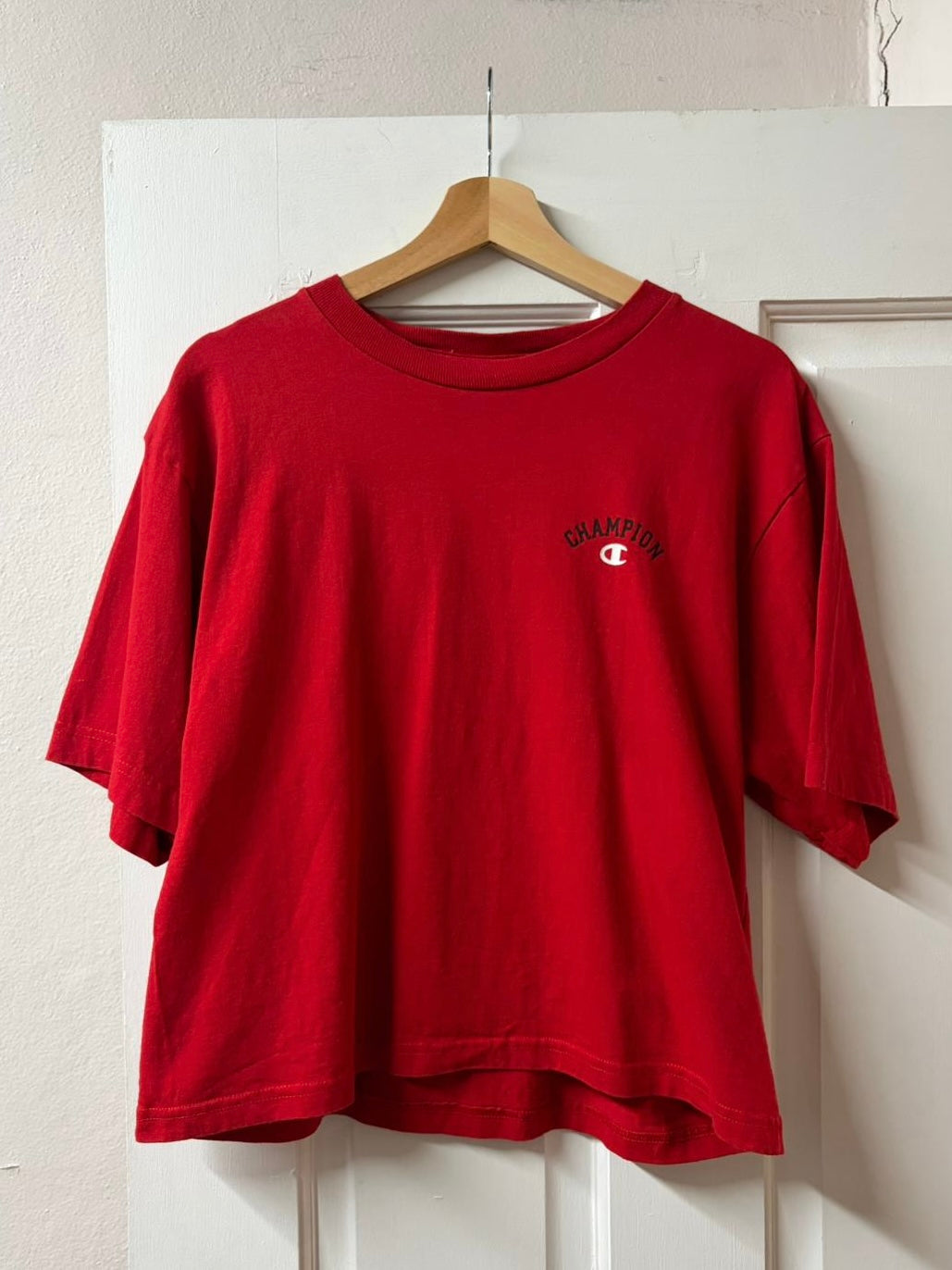 Red Champion Womens Cropped Heavy Cotton Tee - Made in USA [L/XL]