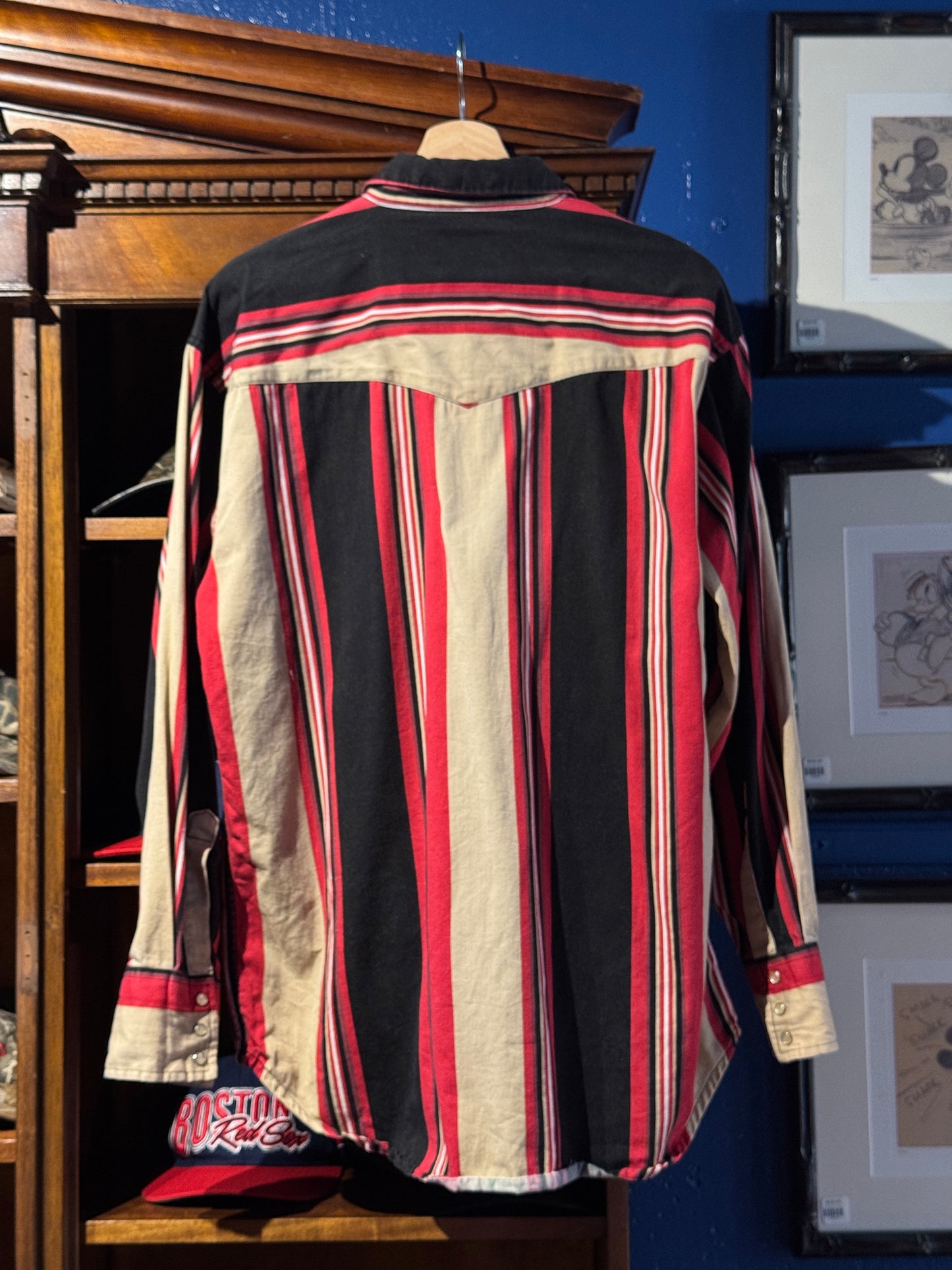 Vintage Rustler Western Snap Shirt – Red/Black Stripe (L)