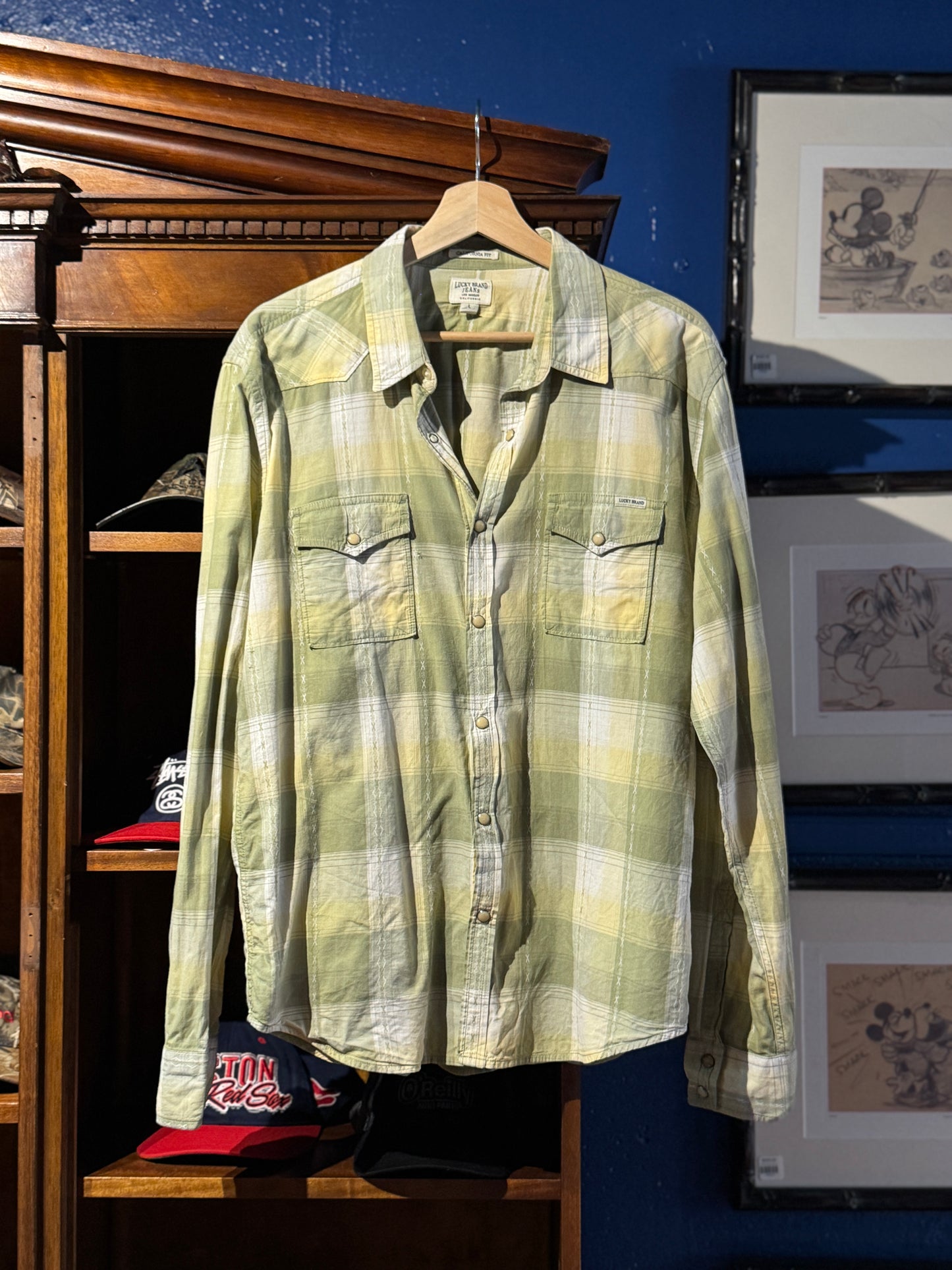 Lucky Brand Western Snap Shirt – Green Fade Plaid (L)
