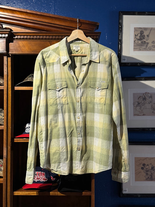 Lucky Brand Western Snap Shirt – Green Fade Plaid (L)