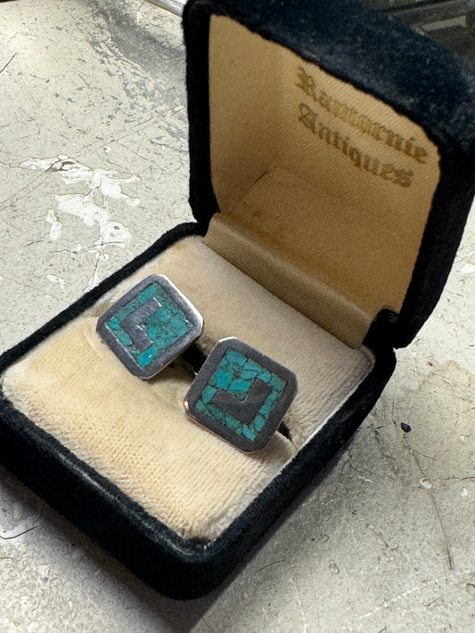 Vintage Taxco Sterling Silver & Turquoise Inlay Cufflinks – Mexico 925