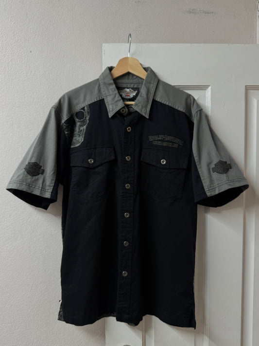 Harley Davidson Skull Panel Short Sleeve Work Shirt [Size M]