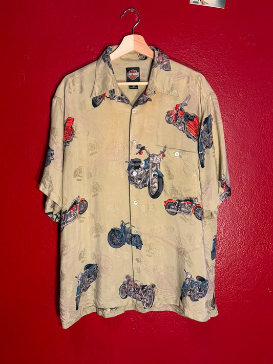 Harley-Davidson Motorcycle Print Silk Shirt [M]