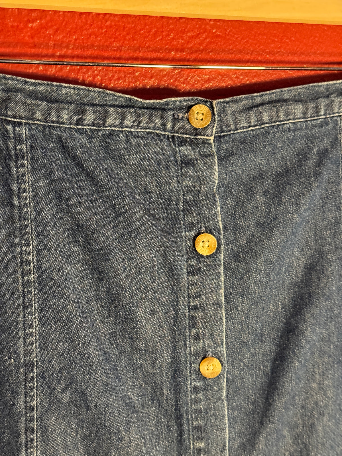 Vintage Mountain Lake Button Front Denim Midi Skirt [M]