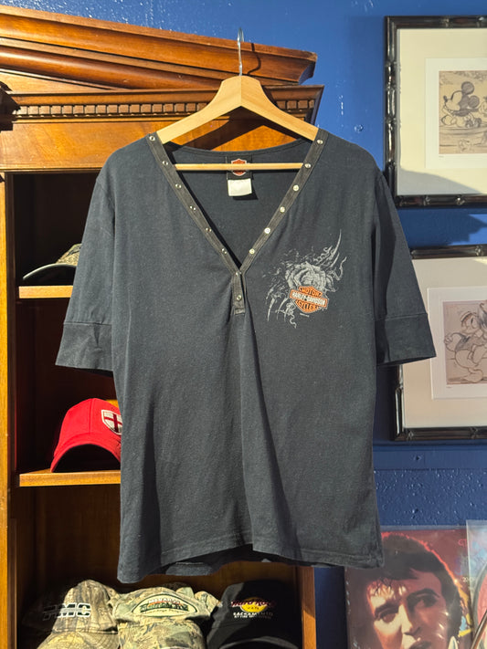 Vintage Harley Davidson Womens Snap Neck Henley T Shirt [L]