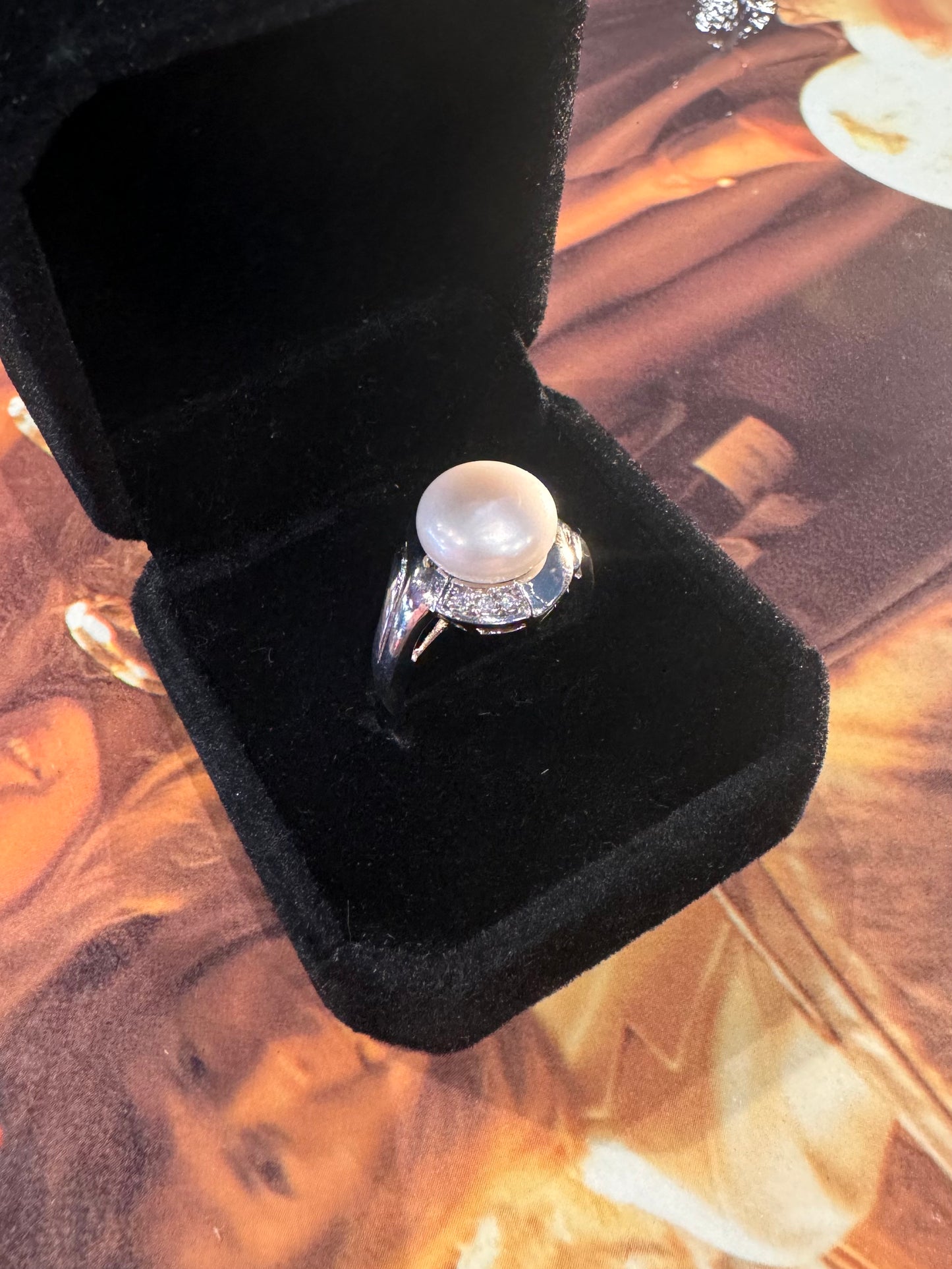 Vintage Sterling Silver Pearl & Clear Cubic Zirconia Ring (Size: 7.5 / P Adjustable)