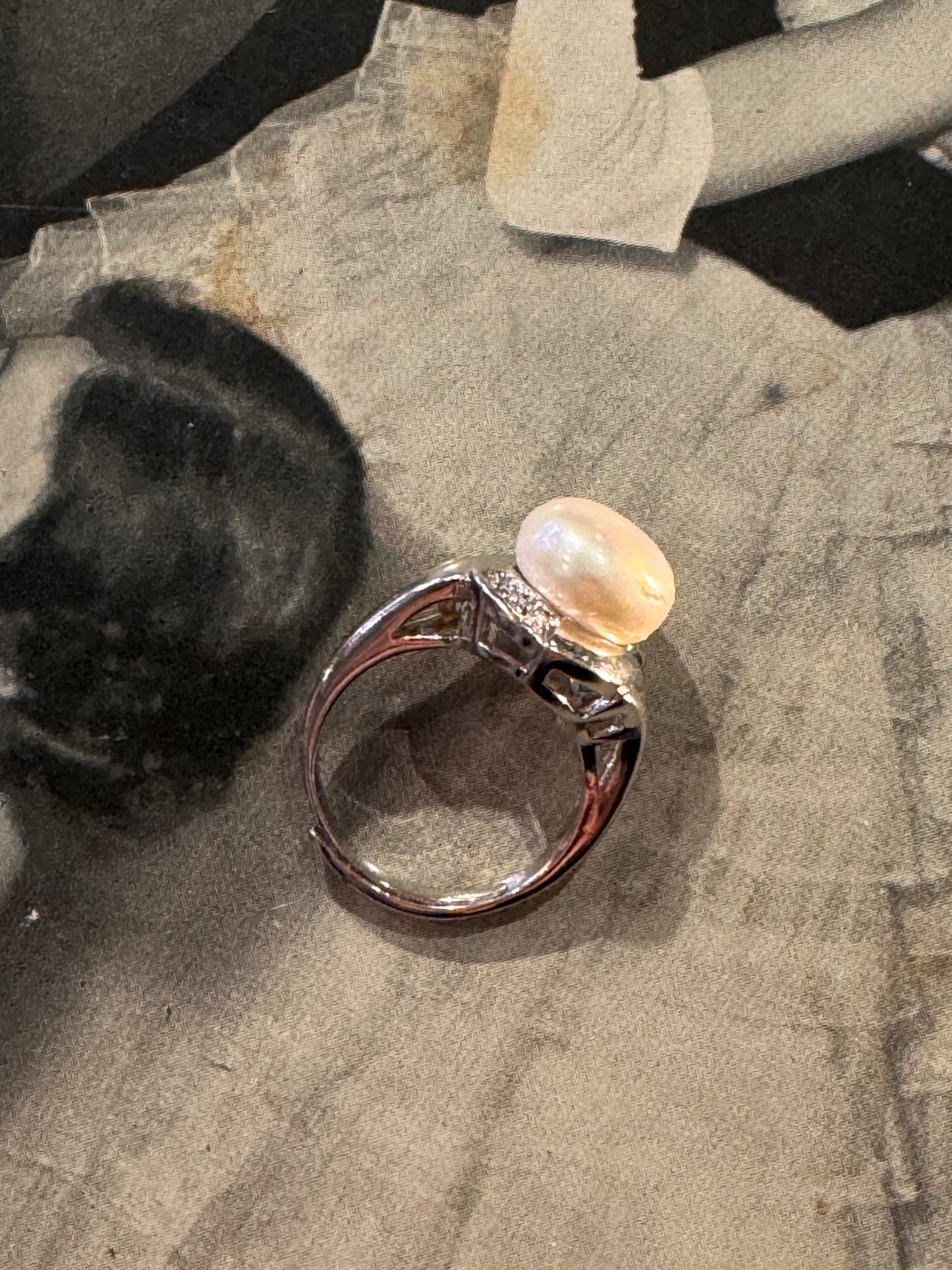 Vintage Sterling Silver Pearl & Clear Cubic Zirconia Ring (Size: 6.5 / N Adjustable)