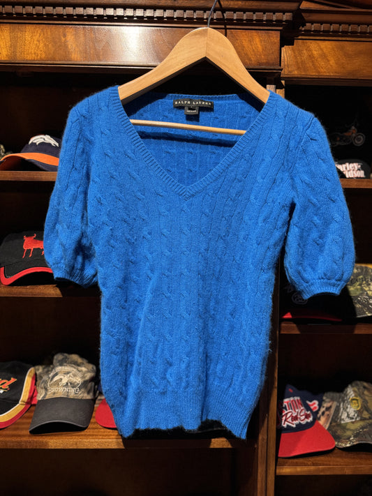 Cashmere Ralph Lauren Blue V-Neck Cable-Knit Sweater [L]