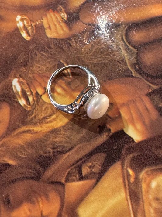 Vintage Sterling Silver Pearl & Clear Cubic Zirconia Ring (Size: 7.5 / P Adjustable)