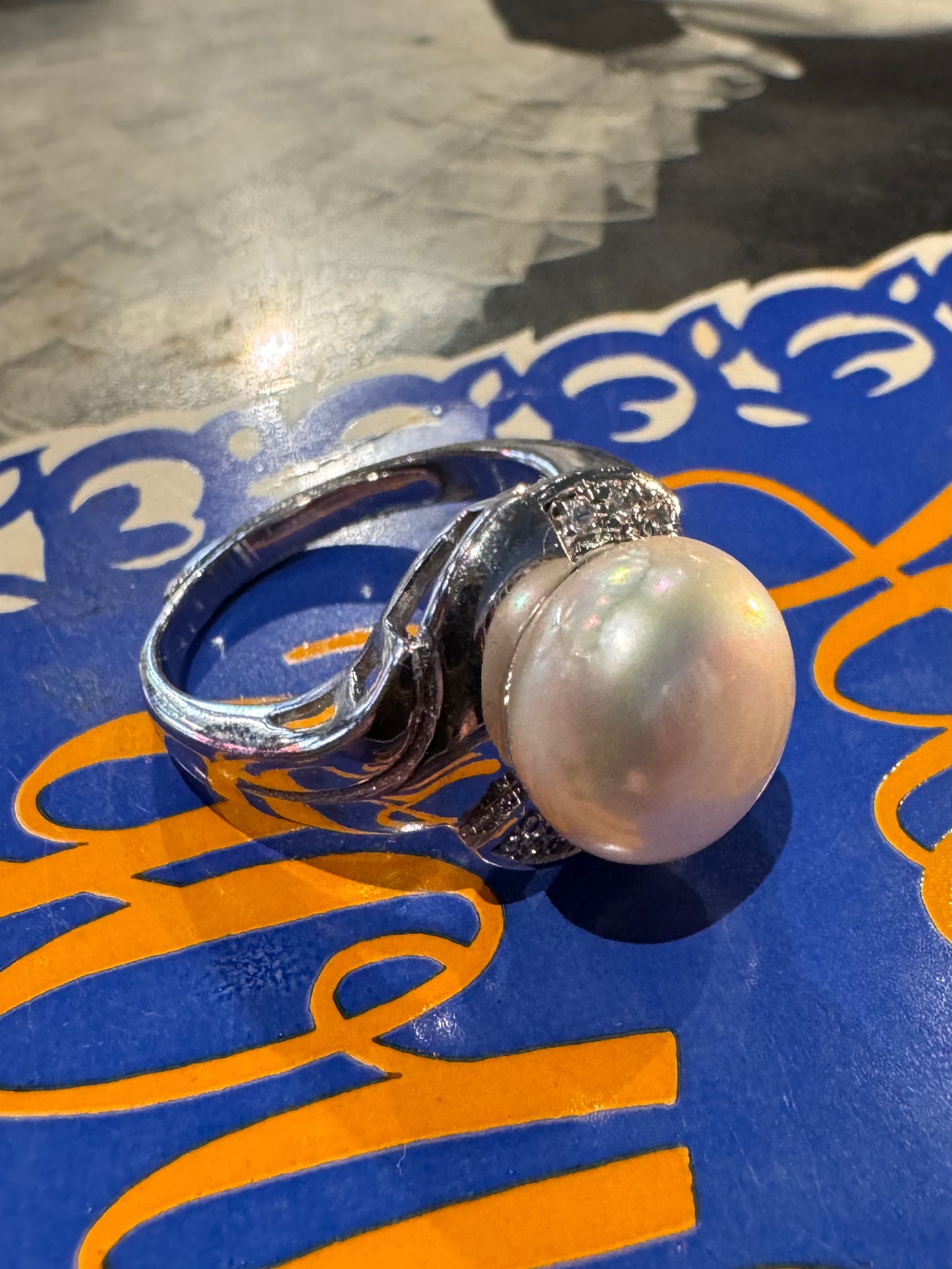 Vintage Sterling Silver Pearl & Clear Cubic Zirconia Ring (Size: 6.5 / N Adjustable)