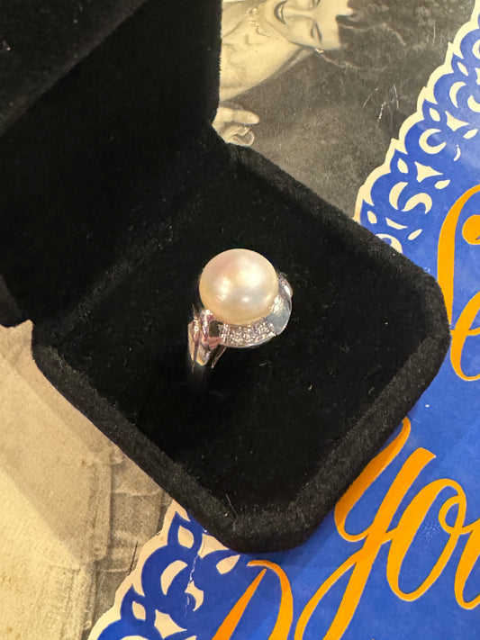 Vintage Sterling Silver Pearl & Clear Cubic Zirconia Ring (Size: 6.5 / N Adjustable)
